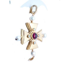 Barry Kieselstein Cord Celtic Cross Pendant 18 Karat Gold Red Tourmaline &Pearls
