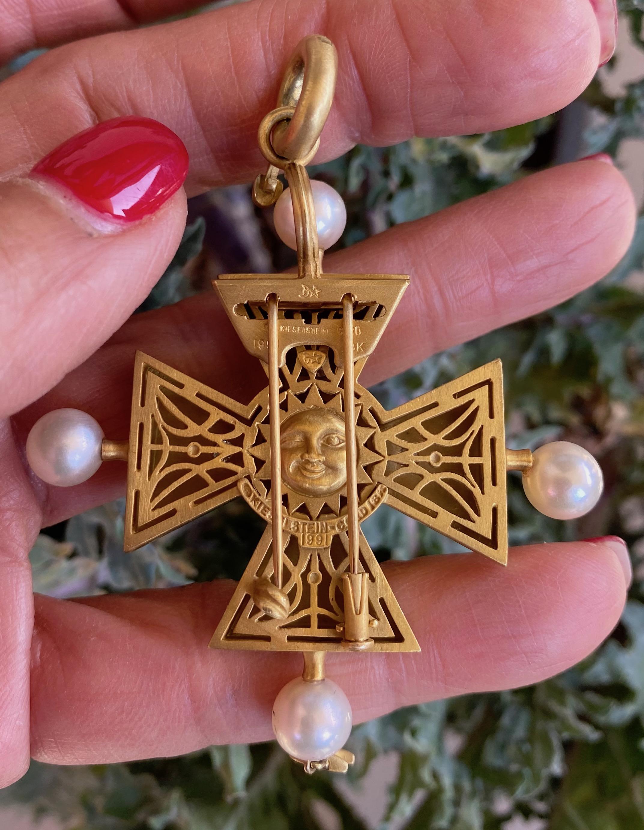 Baroque Revival Barry Kieselstein Cord Celtic Cross Pendant 18 Karat Gold Red Tourmaline &Pearls