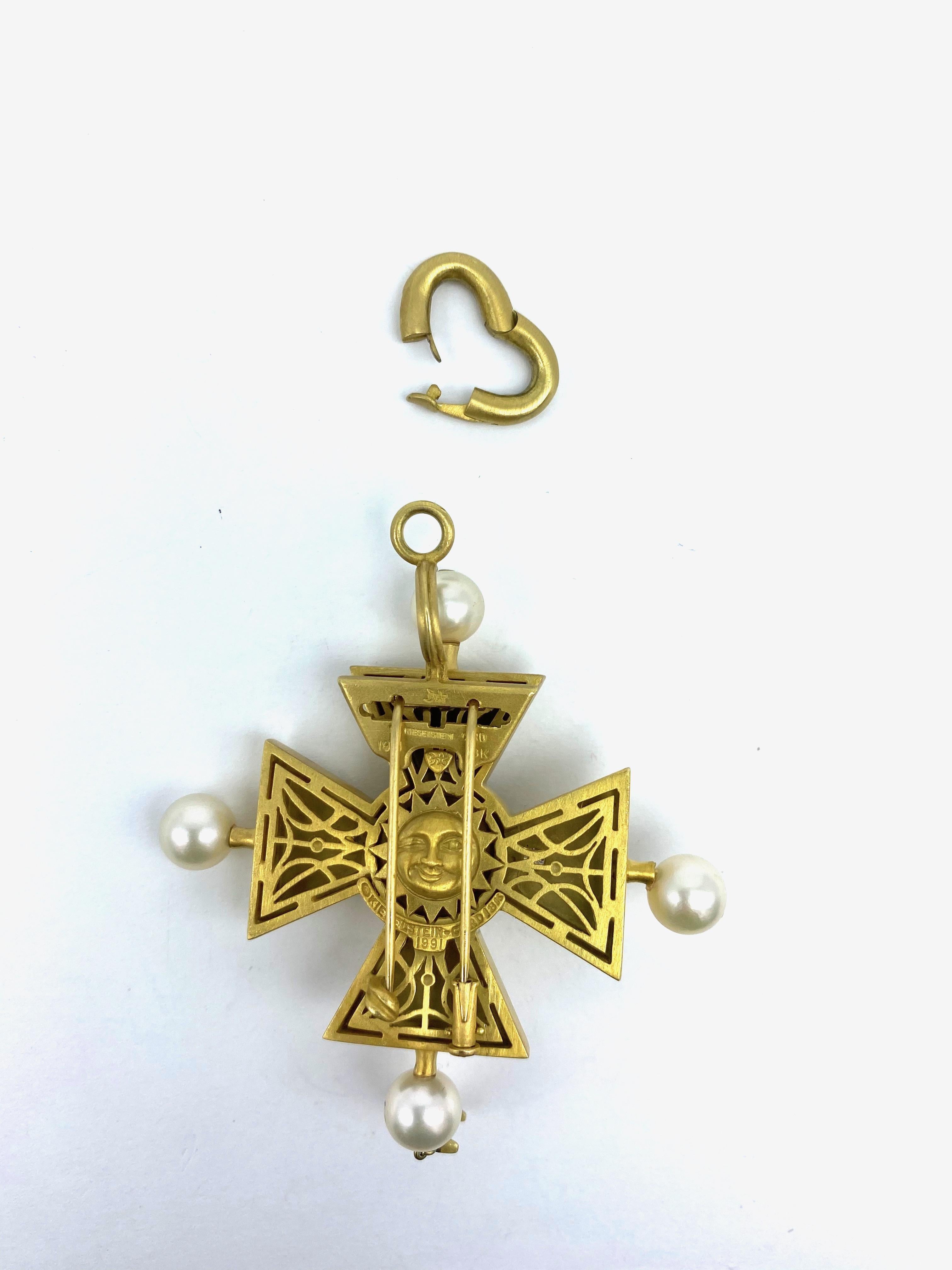 Cabochon Barry Kieselstein Cord Celtic Cross Pendant 18 Karat Gold Red Tourmaline &Pearls