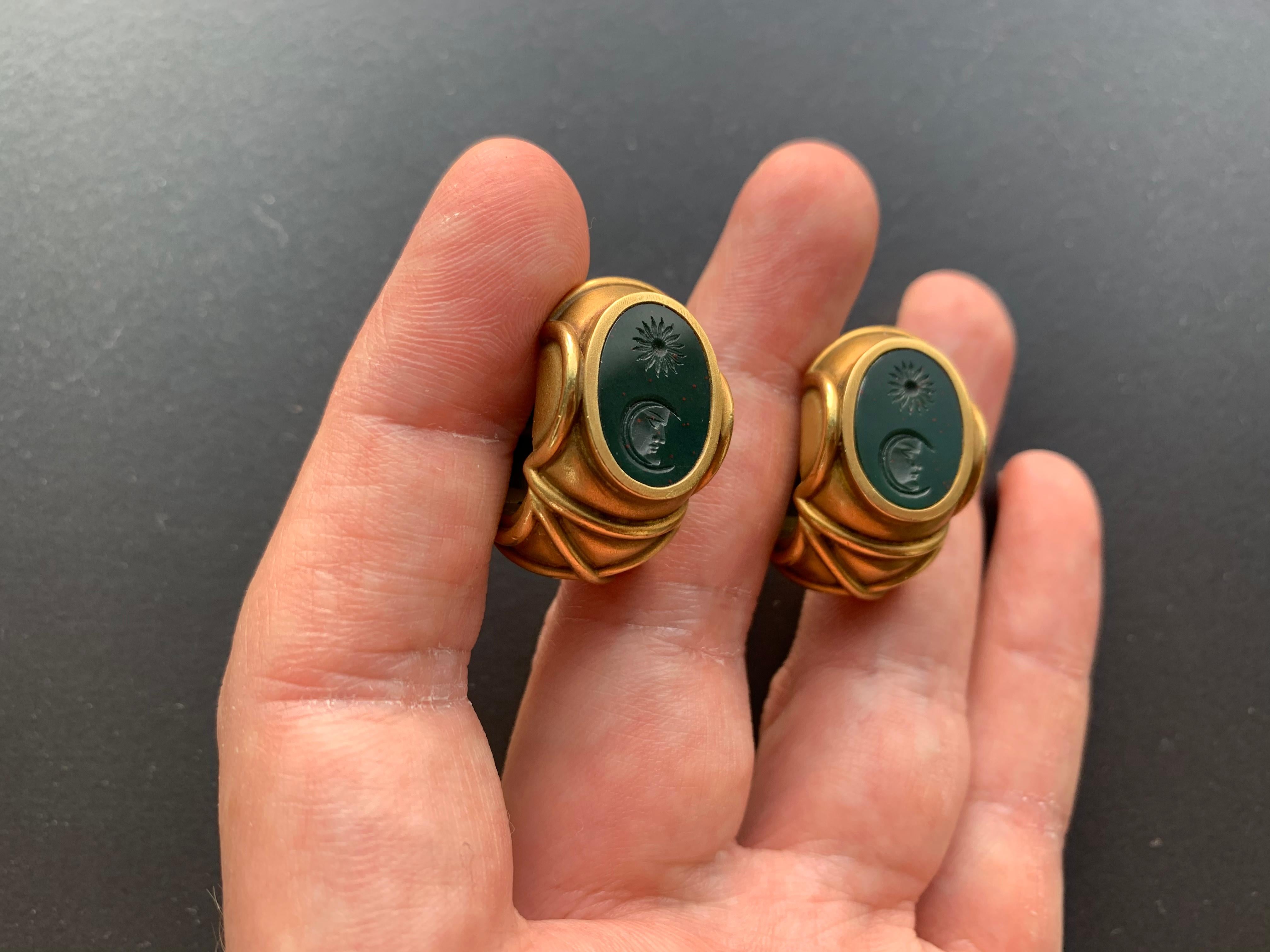 Barry Kieselstein-Cord Earrings 

With carved bloodstone intaglio Sun and Moon motif

18 karat gold

Made in 1990

Approx 1 in length

49.4 Grams