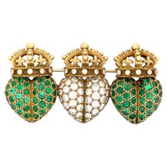 Barry Kieselstein-Cord Emerald Diamond Heart Crown Clip-Brooch 18KT Gold 9 CTTW