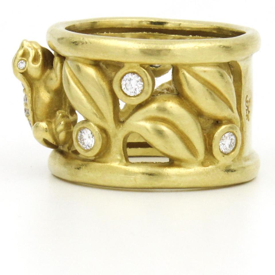 Kieselstein-Cord frog wide band ring with round diamonds in 18 karat yellow gold. Made in 2001. Ring size 7.5. Approximately .45 total carat weight. The width is 15 mm and weight is 17.3 grams. Great craftsmanship on this beautiful signed ring by