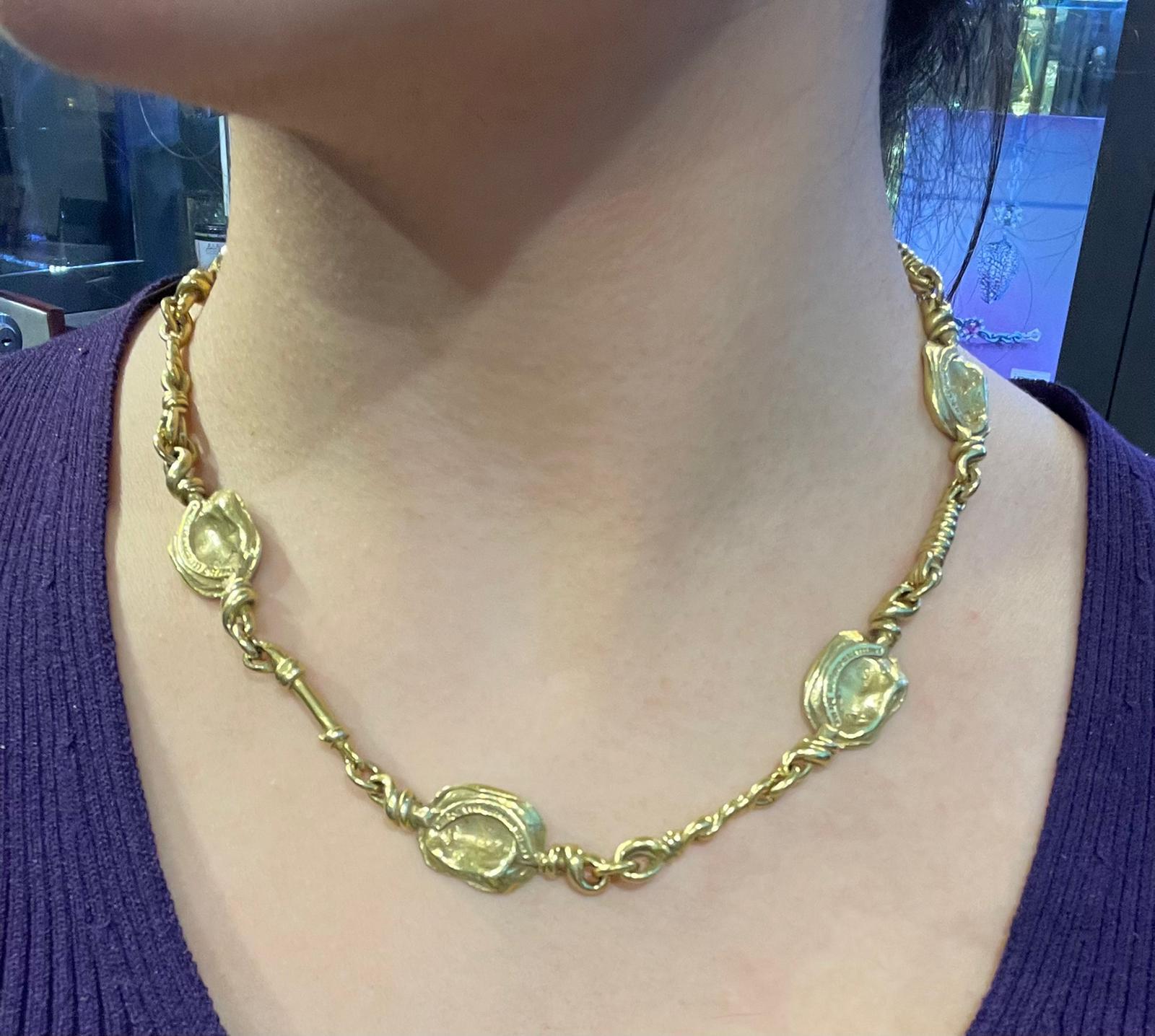 Barry Kieselstein Cord Gold Disc Necklace

A beautiful gold link necklace by Barry Kieselstein-Cord featuring 6 gold discs embossed with face motifs of a man. 

Metal Type: 18 Karat Yellow Gold 

Stamped: B. Kieselstein-cord 1993 

Measures