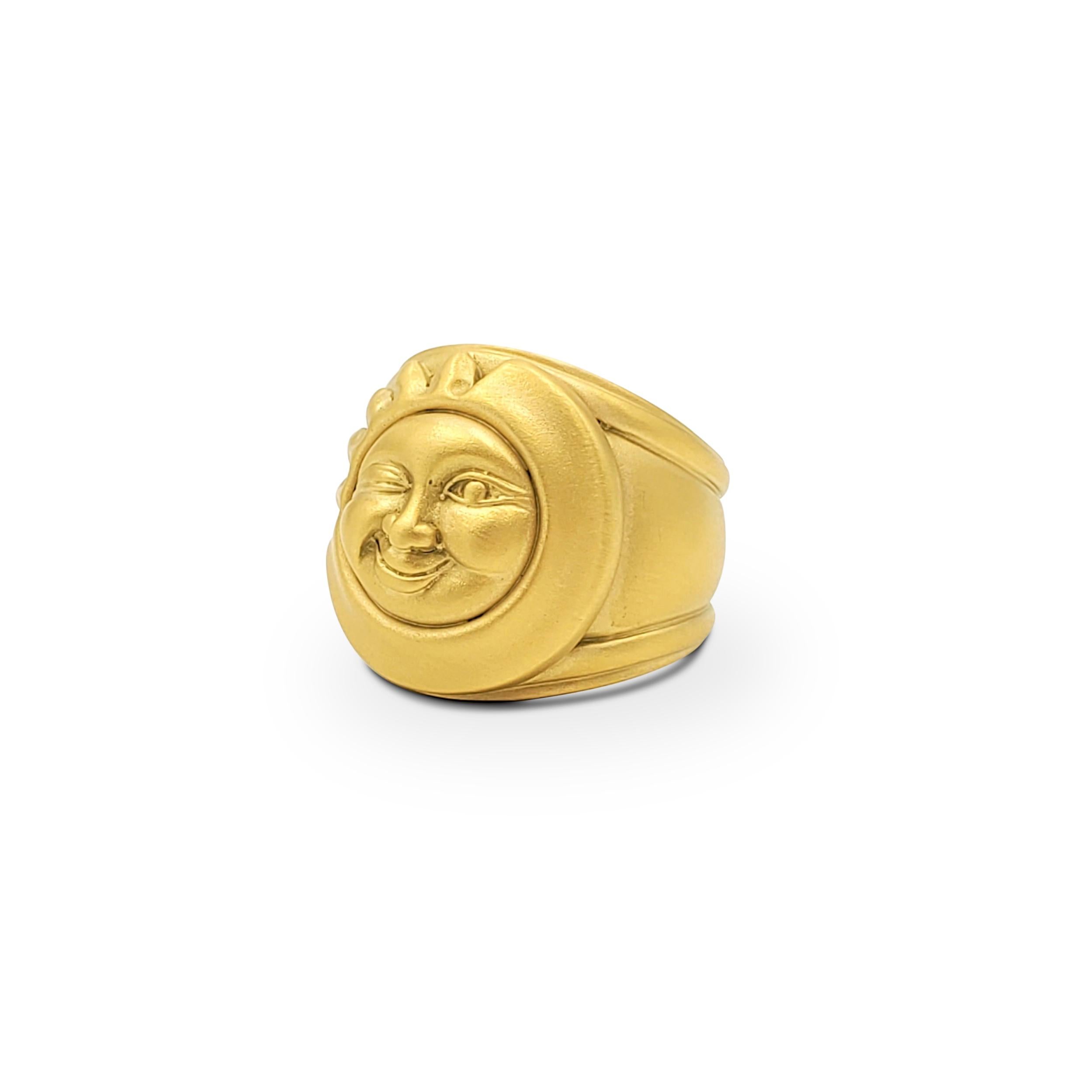 Authentic Barry Kieselstein-Cord ring crafted in satin finish 18 karat yellow gold features a charming winking sun/moon design. Signed B. Kieselstein Cord, 18K, 1990, with hallmarks. Ring size 5 1/2. The ring is not presented with the original box