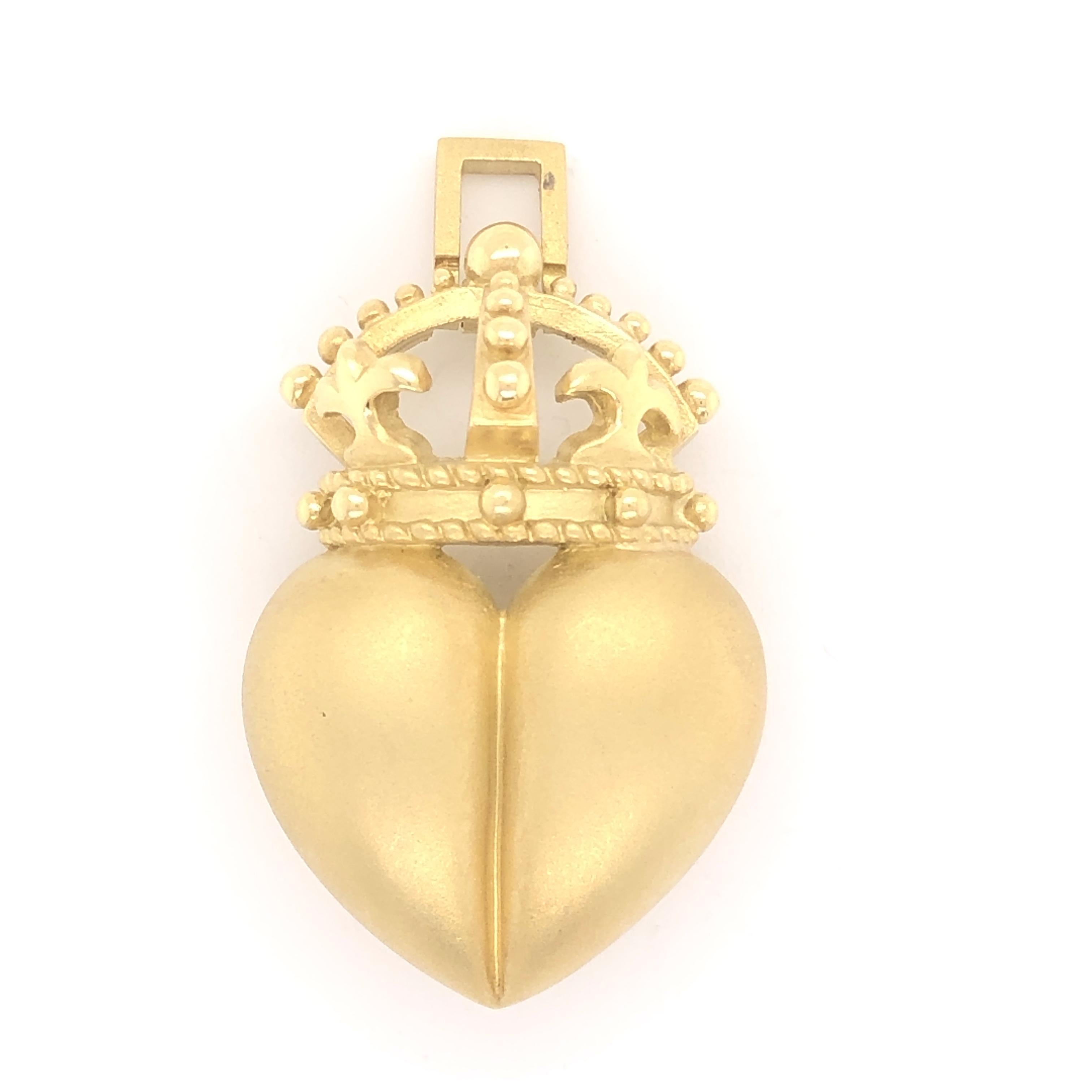 Modern Barry Kieselstein Cord Heart Crown Brooch/Pendant 18K Sand Blasted Yellow Gold