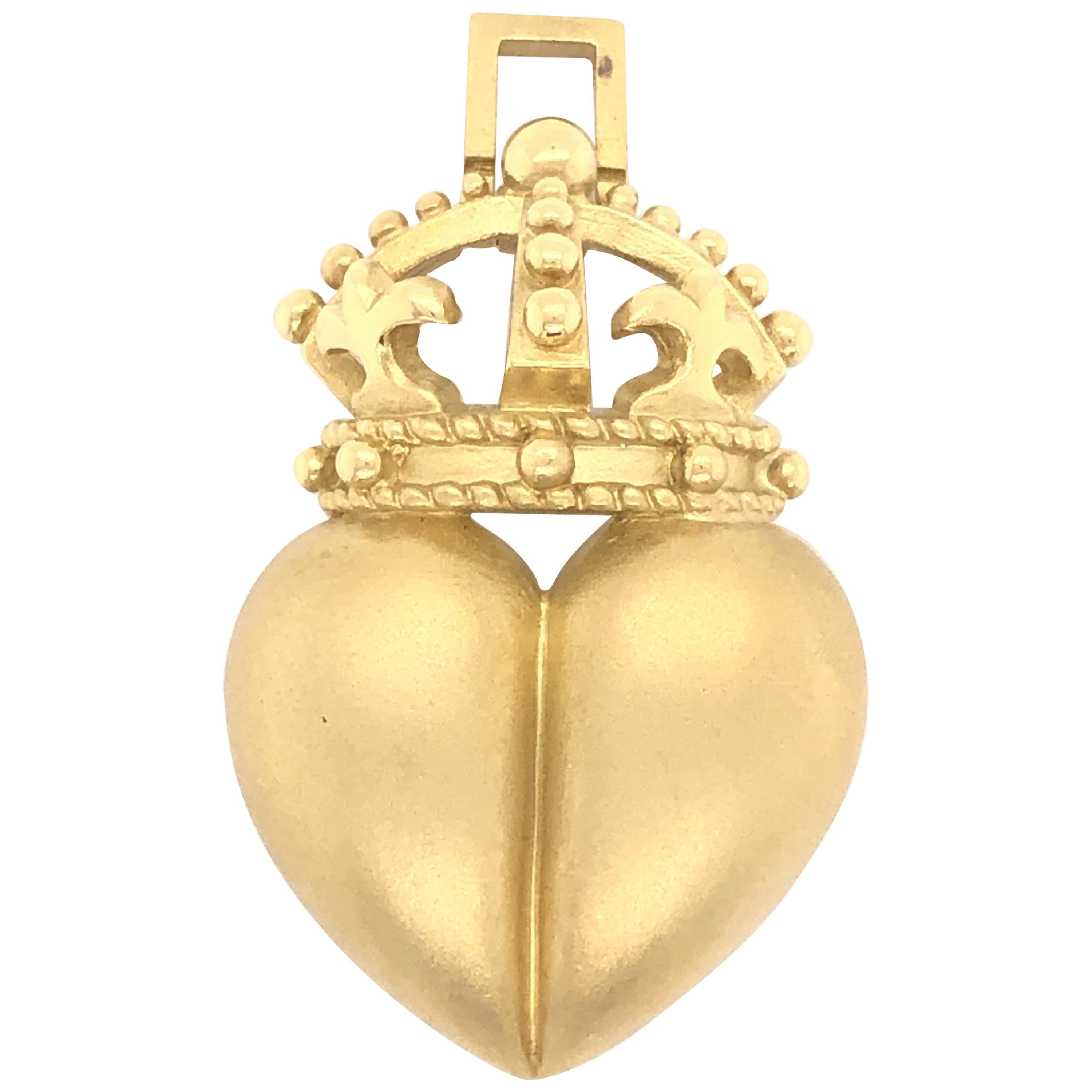 Barry Kieselstein Cord Heart Crown Brooch/Pendant 18K Sand Blasted Yellow Gold