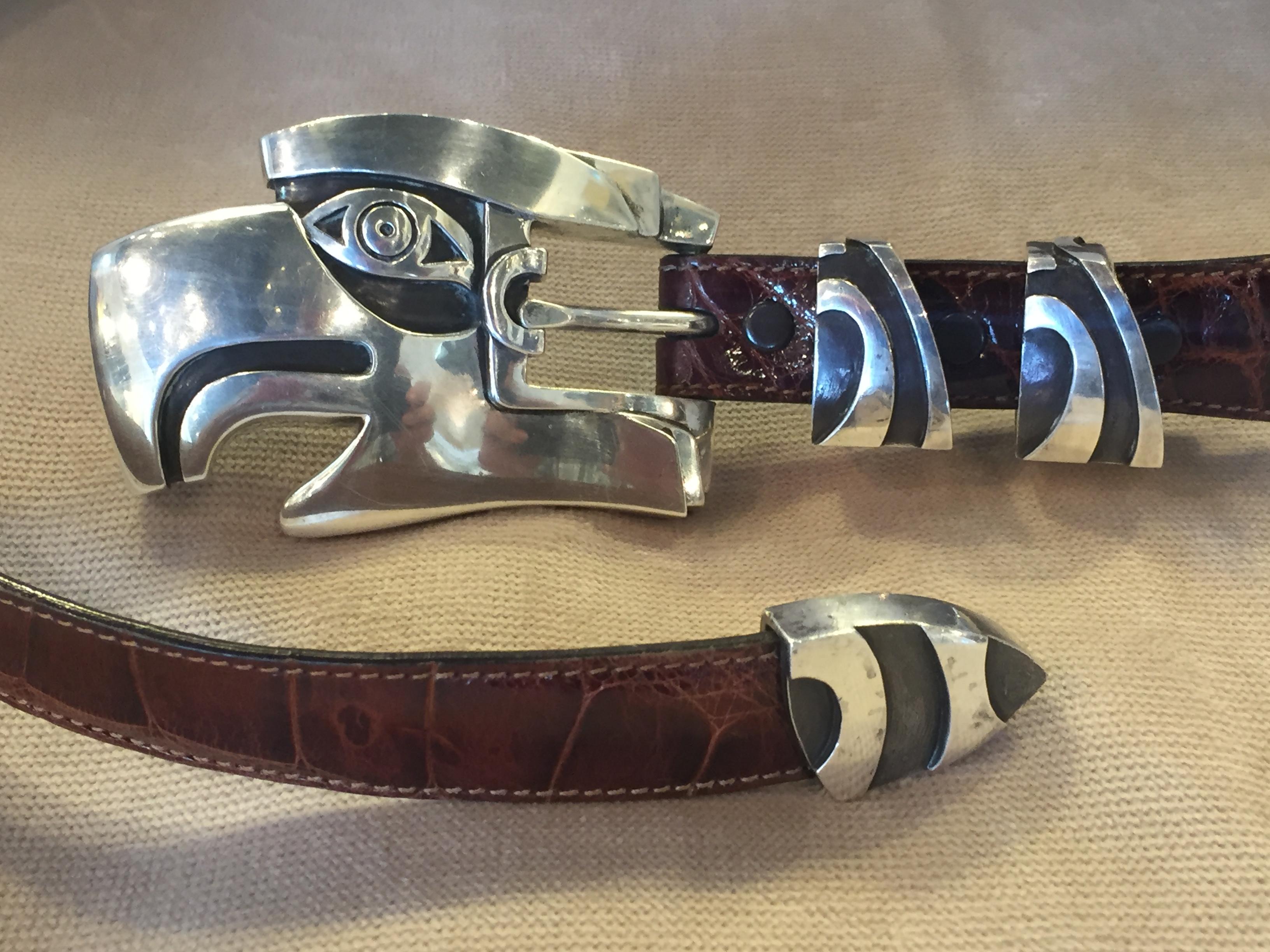 Hand-Crafted Barry Kieselstein Cord Large Eagle Head Sterling Alligator Belt For Sale