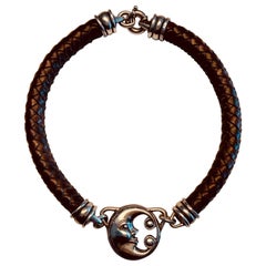 Vintage Barry Kieselstein-Cord Man in the Moon Sterling and Braided Leather Necklace