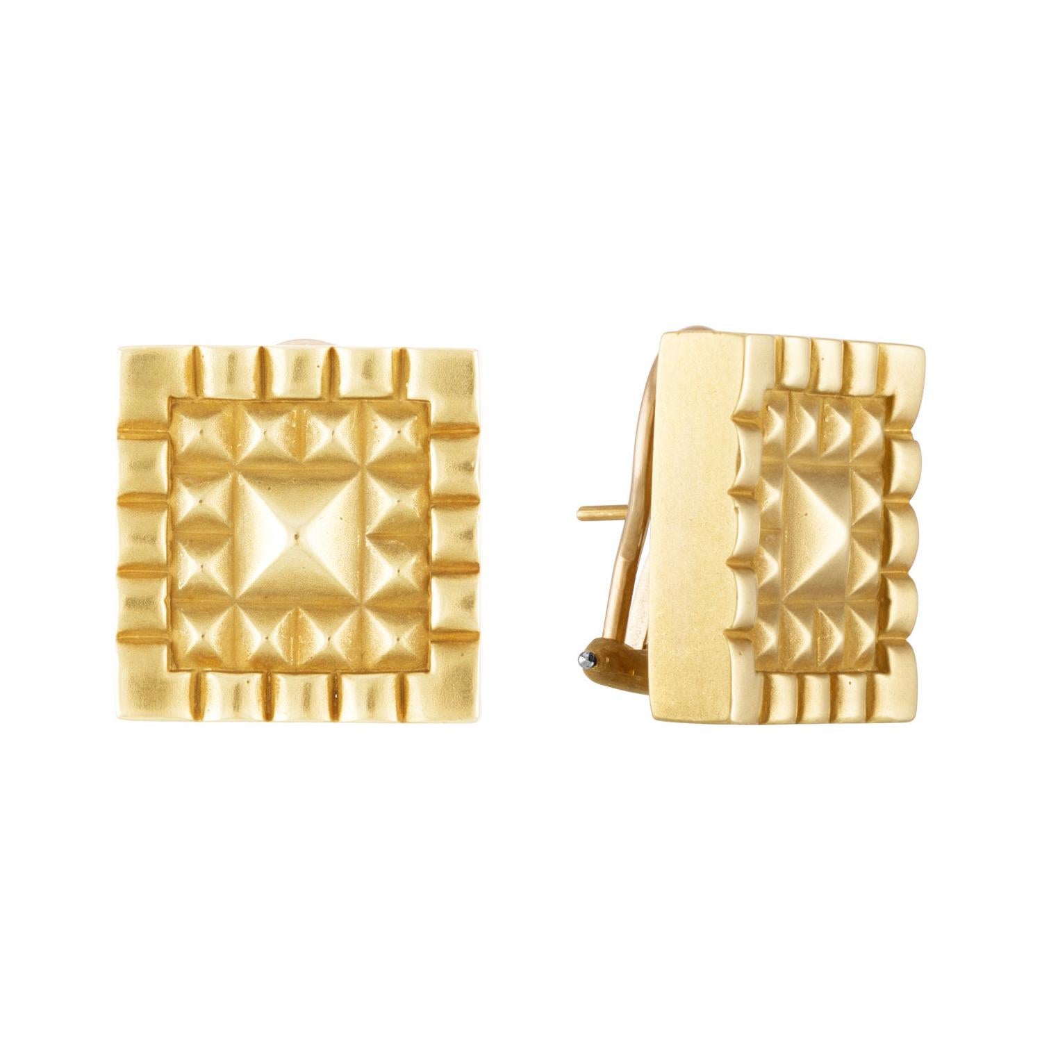 Barry Kieselstein-Cord Square Pyramid Textured Gold Earrings, 1984