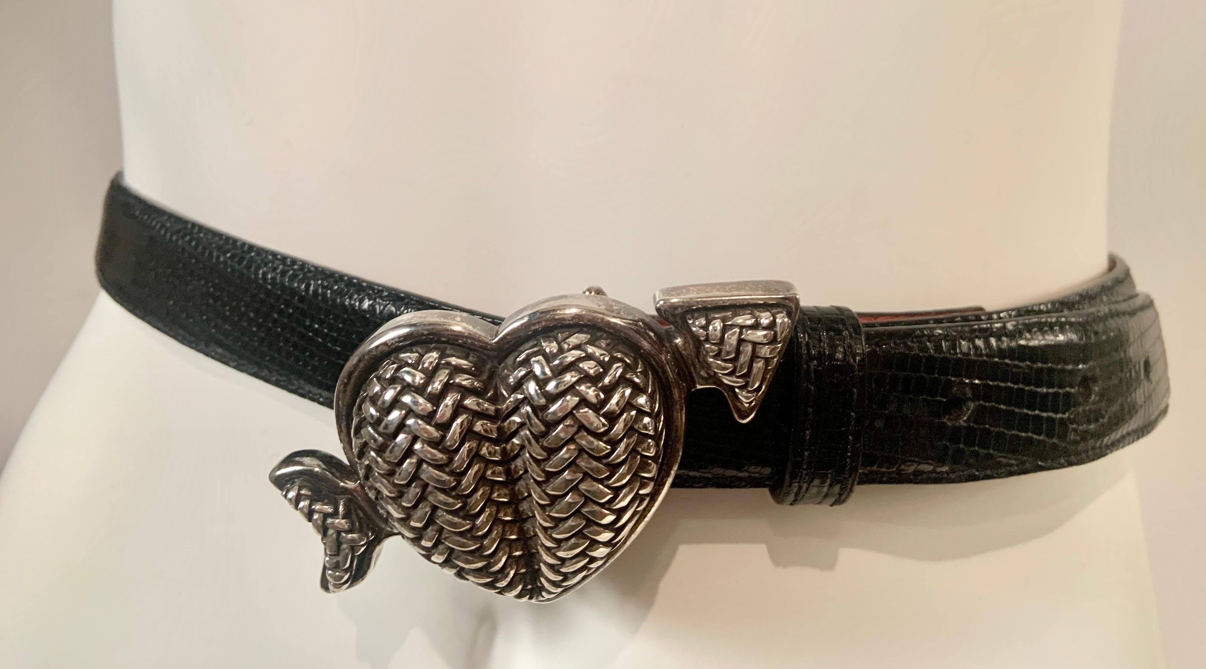 Barry Kieselstein-Cord Sterling Heart Buckle and Black Lizard Belt Never Worn In New Condition In New Hope, PA