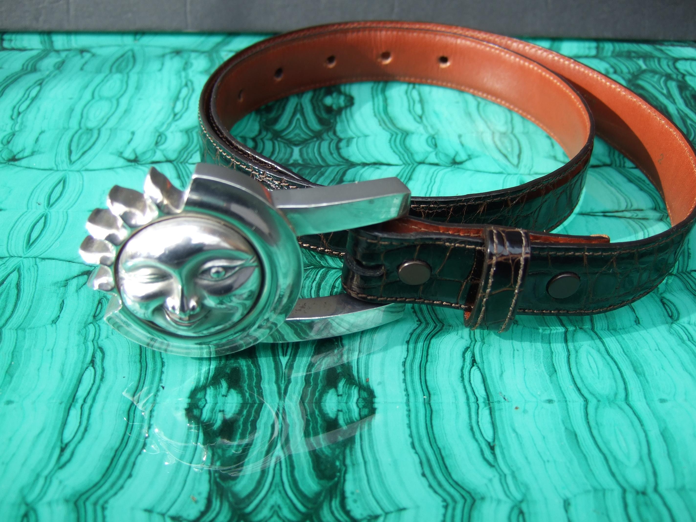 Barry Kieselstein-Cord Sterling Silver Sun & Moon Brown Alligator Belt c 1990  In Good Condition In University City, MO