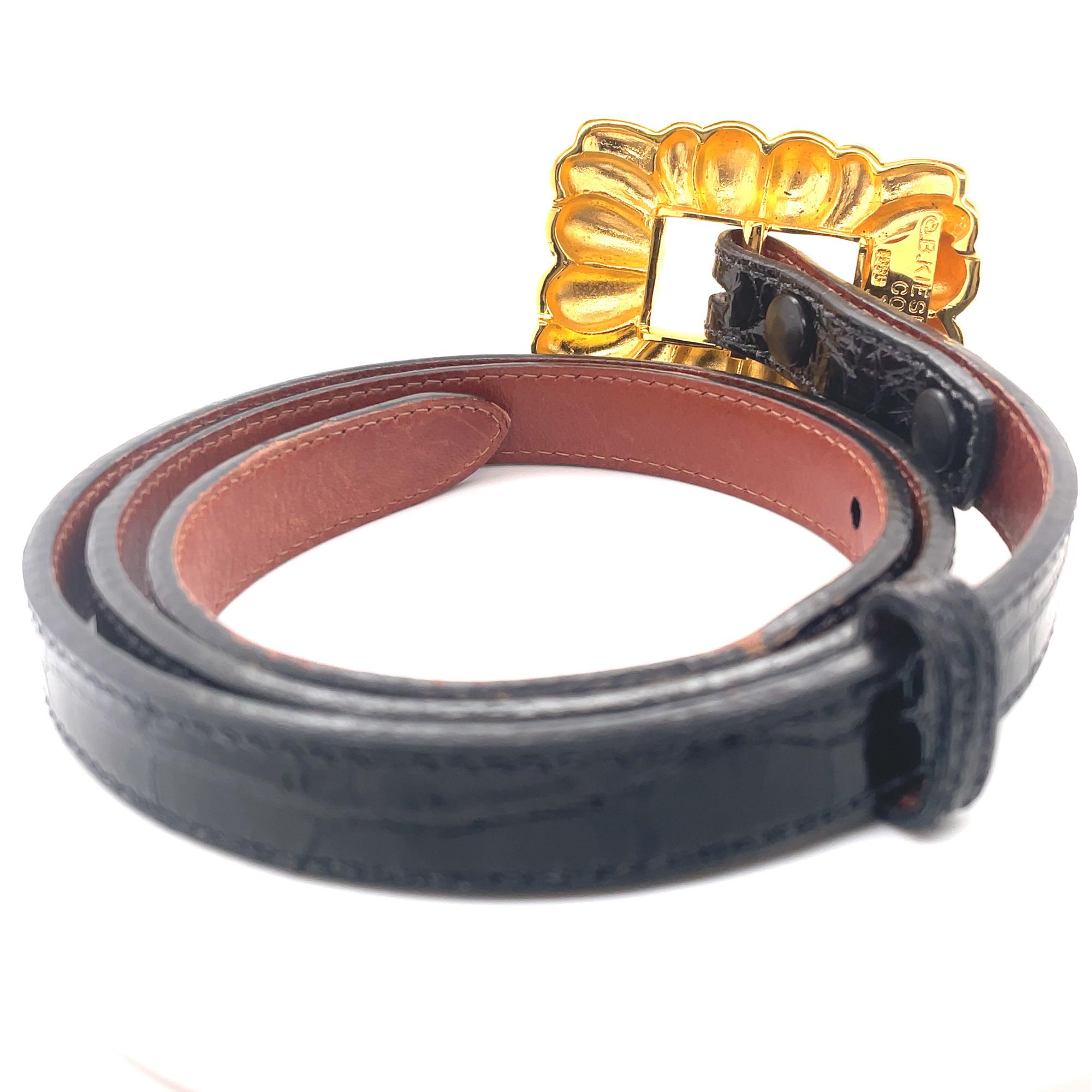 Beige Barry Kieselstein Cord Wide Buckle Black Leather Slim Belt Gold Tone