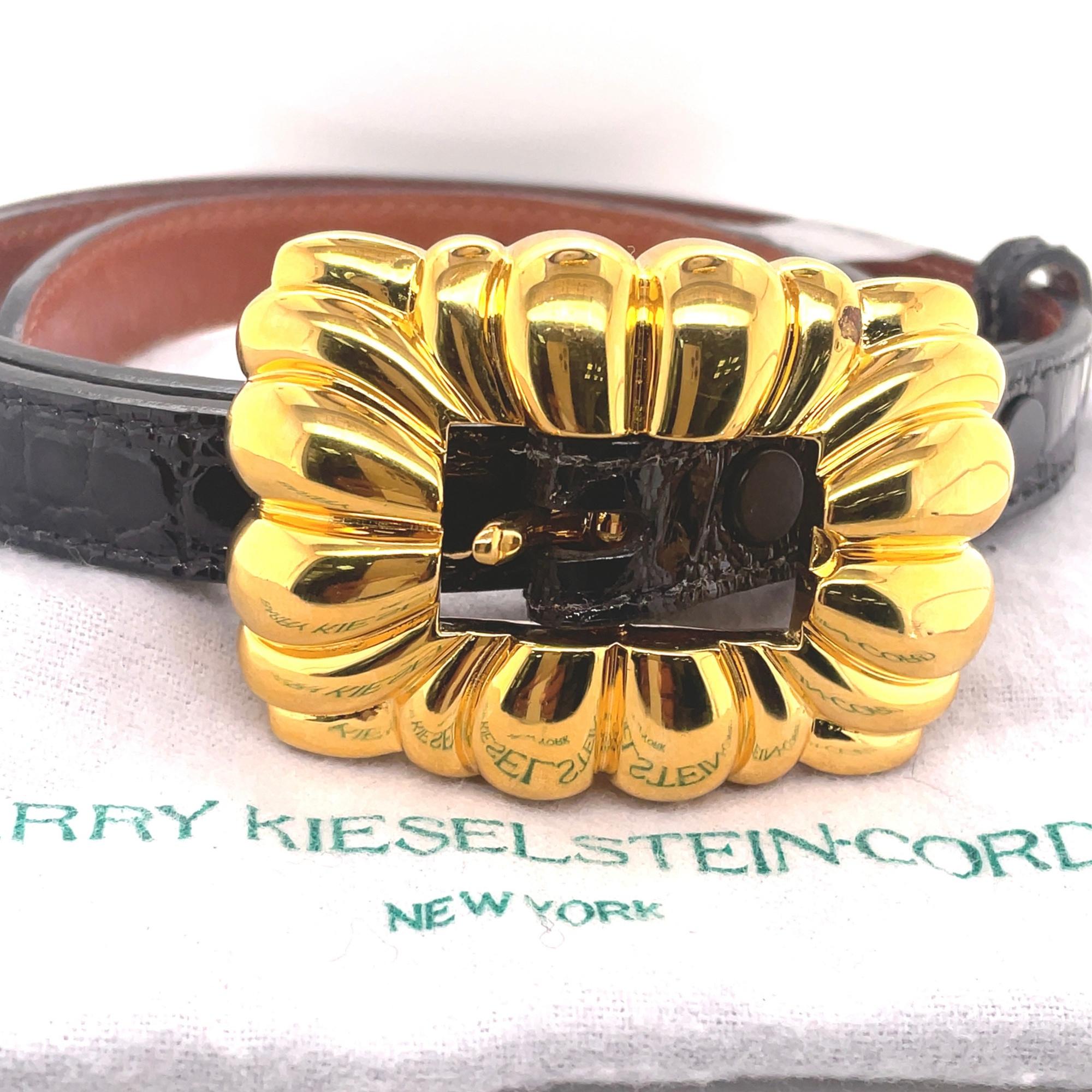 Barry Kieselstein Cord Wide Buckle Black Leather Slim Belt Gold Tone In Good Condition In New York, NY