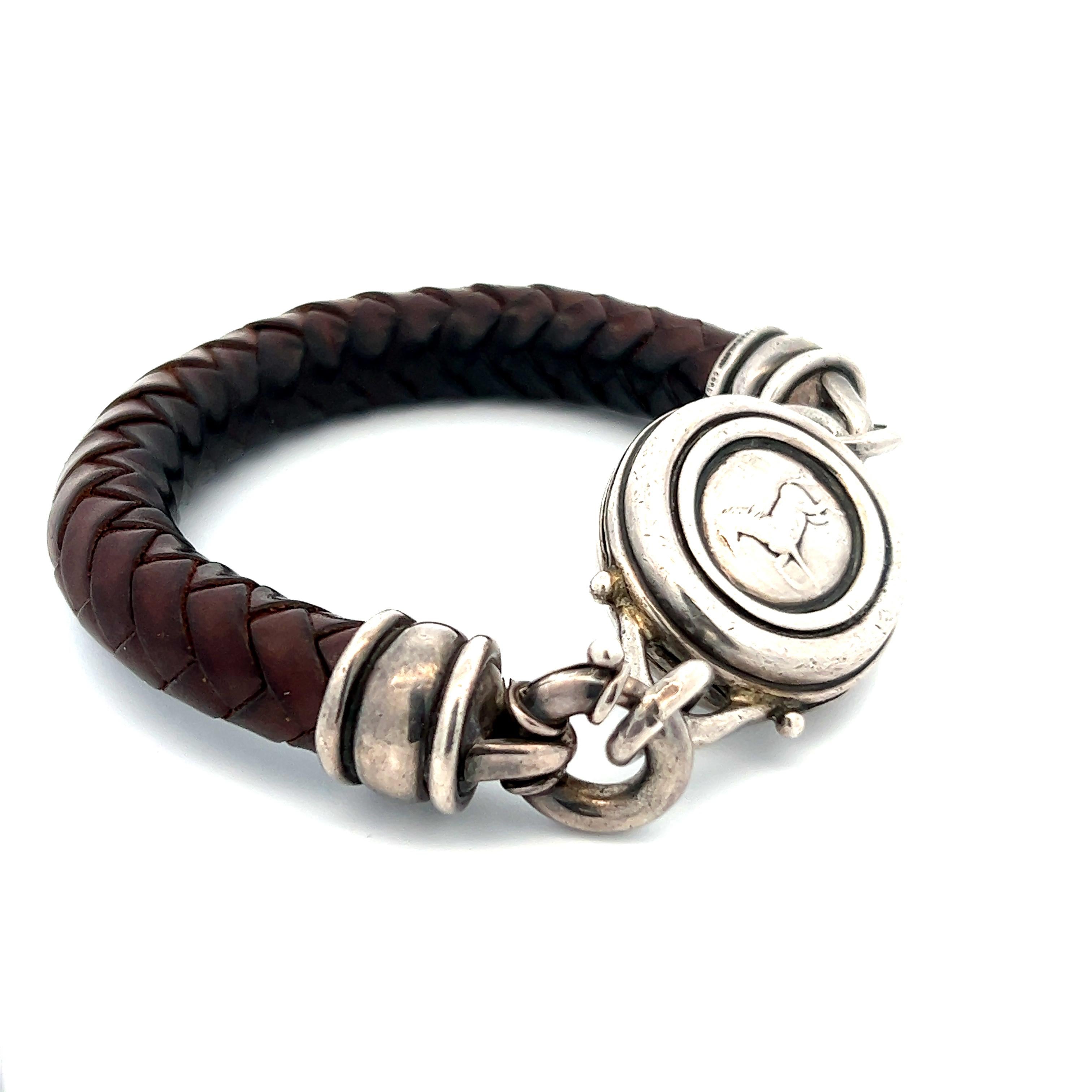 Contemporary Barry Kieselstein Sterling Silver Horse Motif Woven Brown Leather Bracelet  For Sale