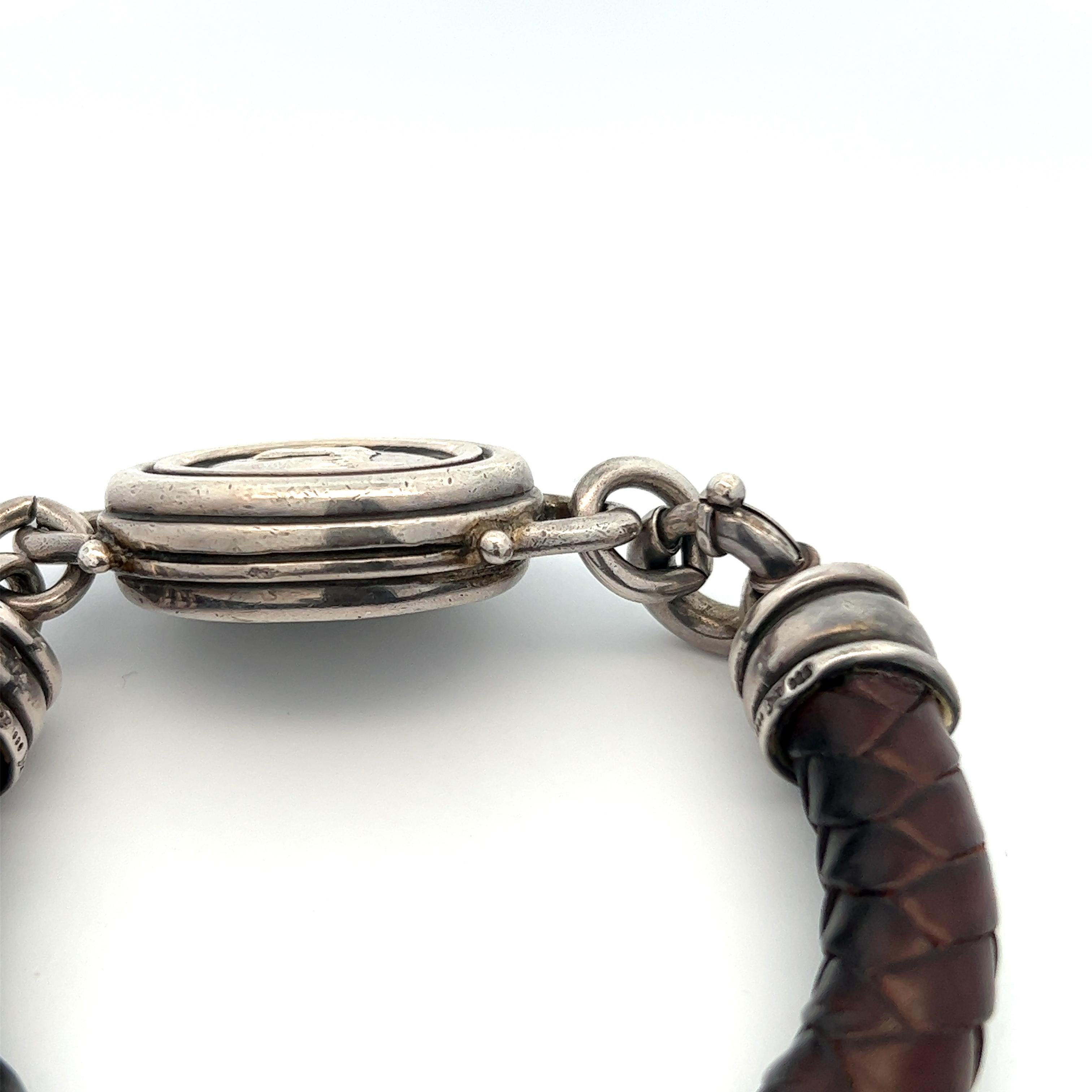Women's or Men's Barry Kieselstein Sterling Silver Horse Motif Woven Brown Leather Bracelet  For Sale