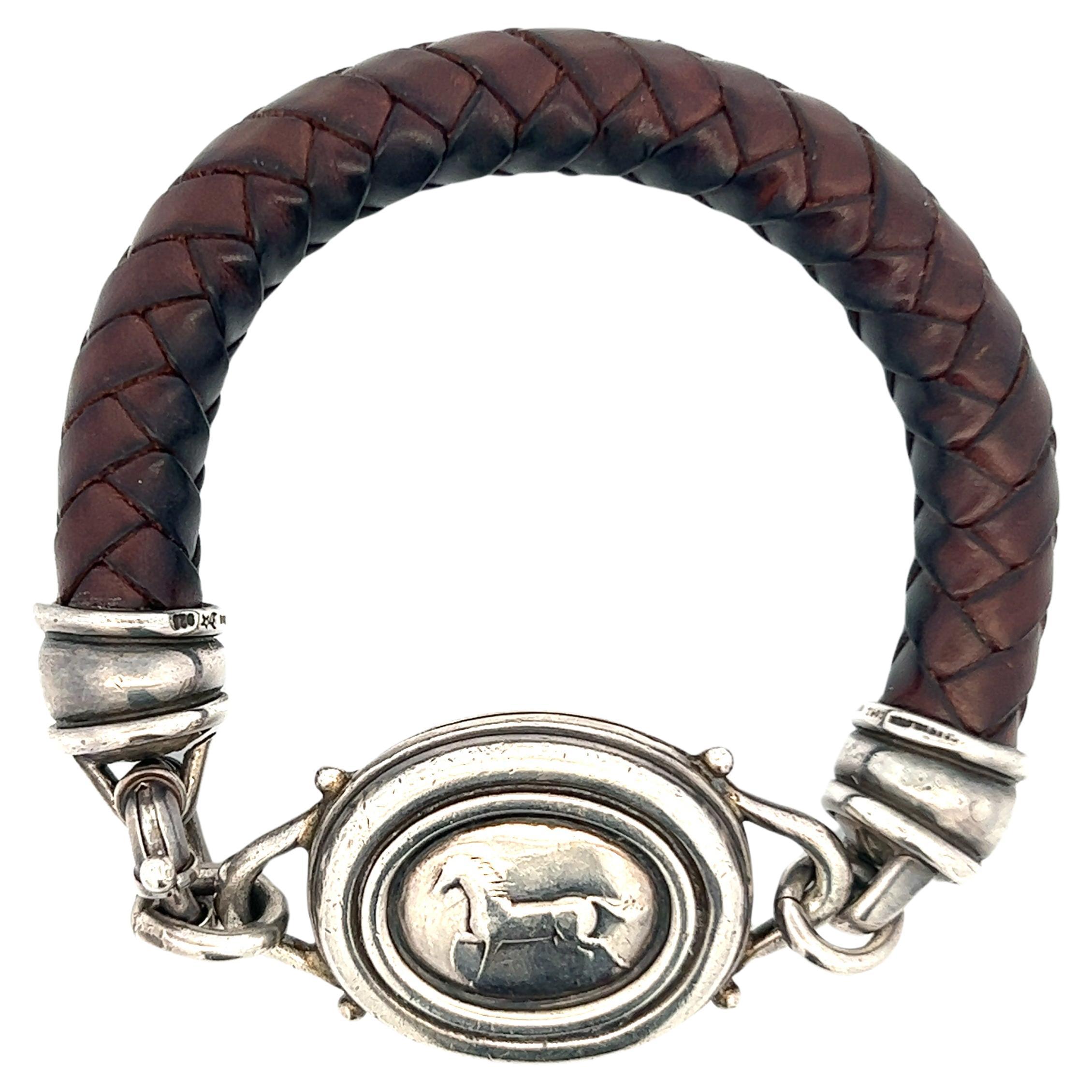 Barry Kieselstein Sterling Silver Horse Motif Woven Brown Leather Bracelet  For Sale