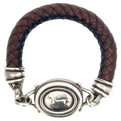 Retro Barry Kieselstein Sterling Silver Horse Motif Woven Brown Leather Bracelet 