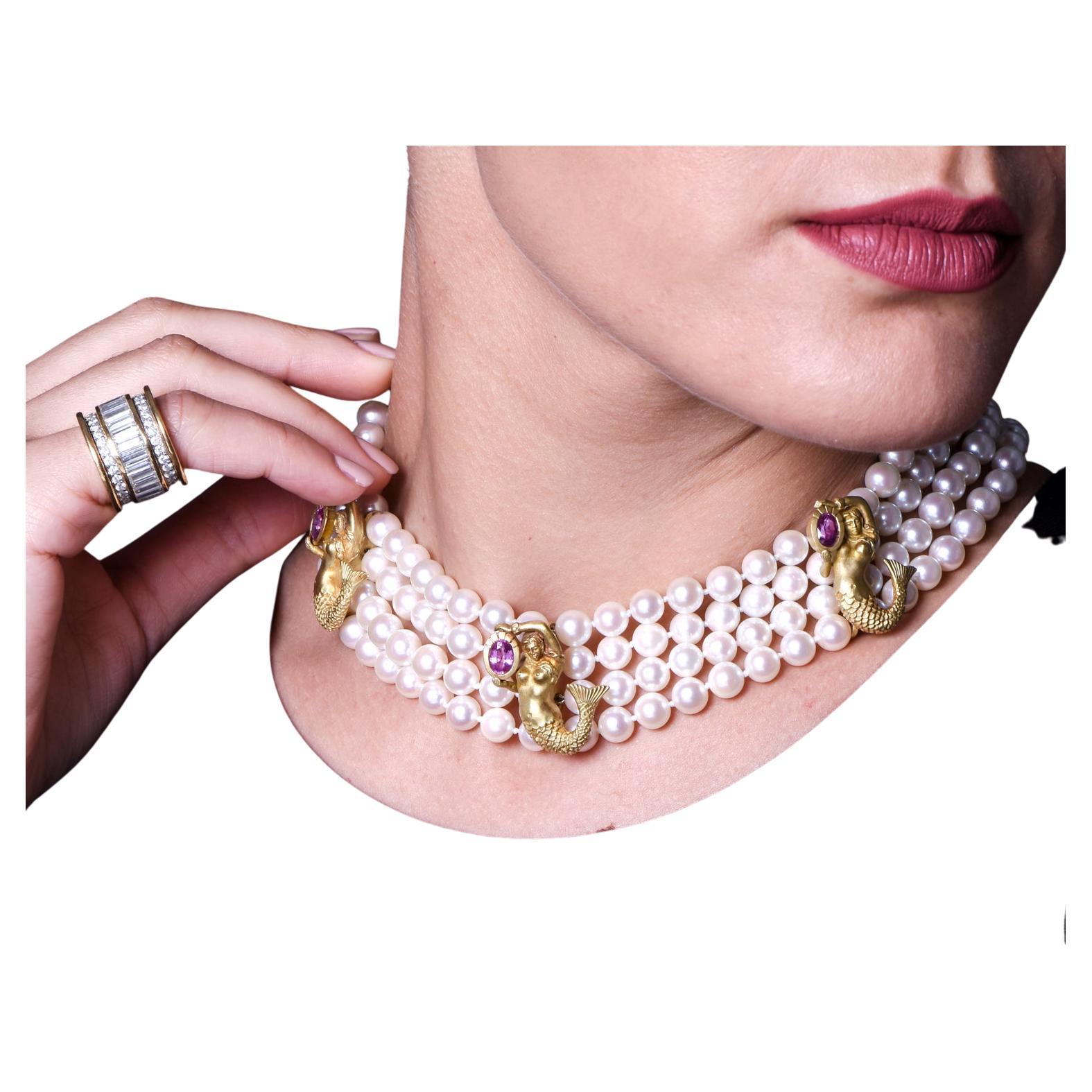 Barry Kieselstein, collier vintage sirène en or et perles en vente