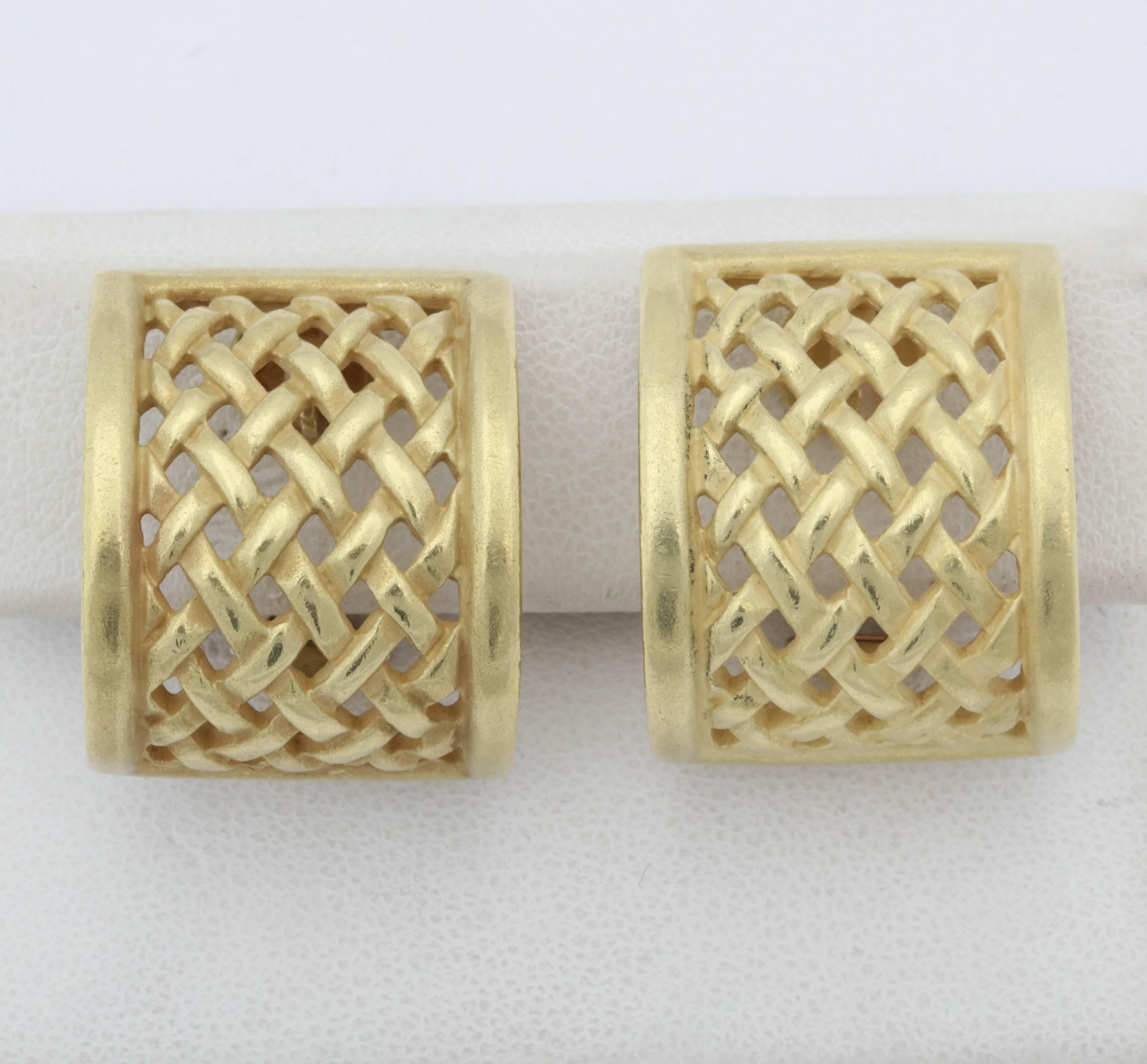 One Pair Of Bold Ladies Unusual 18kt Green Gold Basket Weave Pattern  Half Hoop Earrings With Clip On Backs. Note These Earrings May easily Have posts added for Pierced Ears. Designed By Barry Kiselstein Cord In The 1980's.Made In The United states