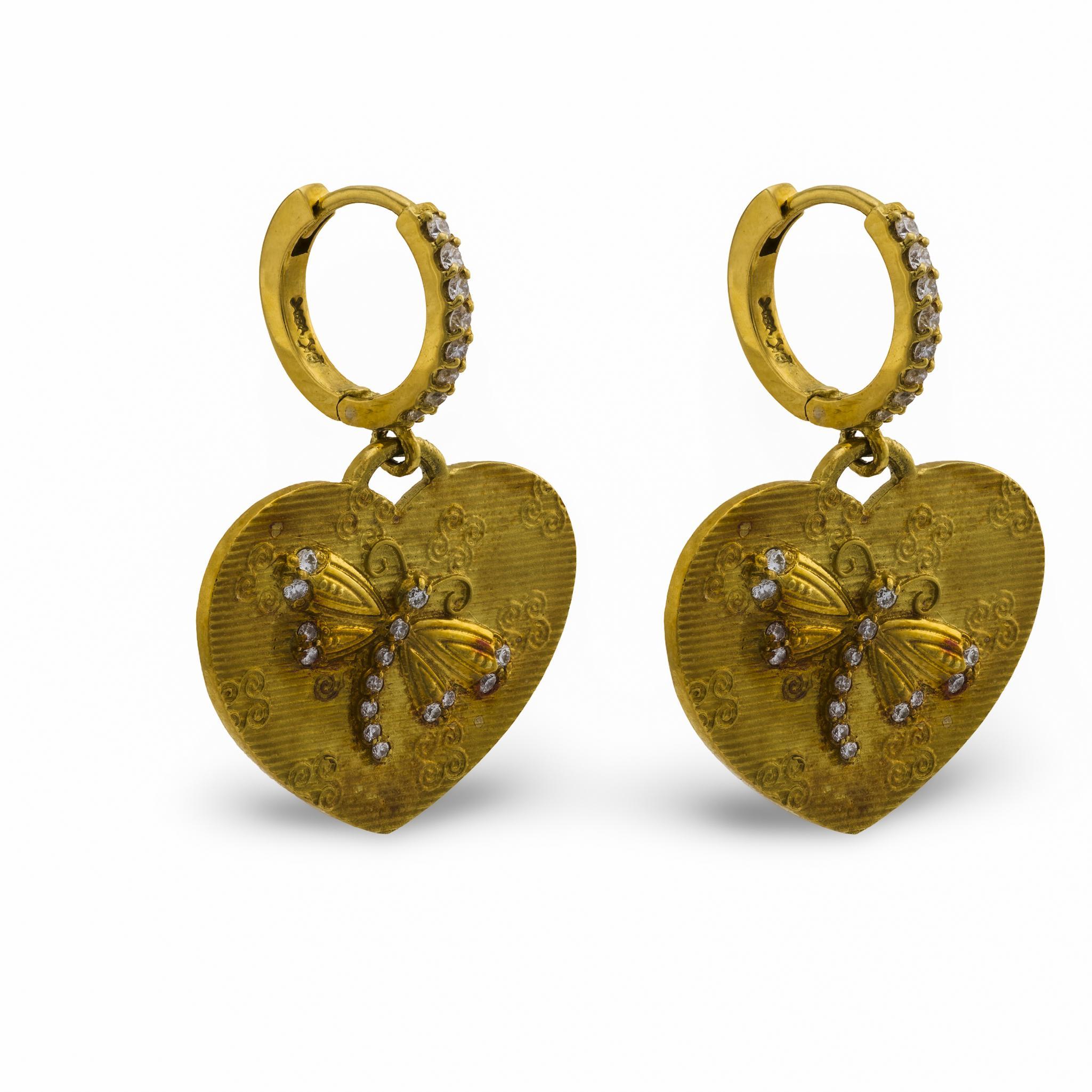 Boucles d'oreilles cœur libellule en or jaune 18k avec diamants Barry Kronen Bon état à Beverly Hills, CA