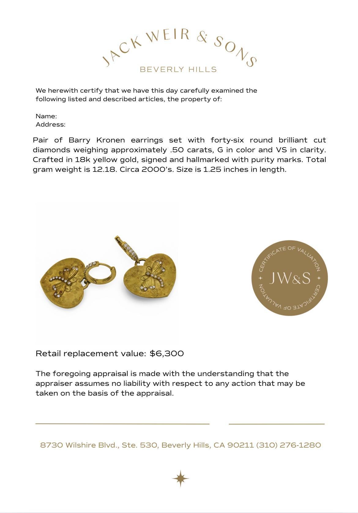 Boucles d'oreilles cœur libellule en or jaune 18k avec diamants Barry Kronen 2