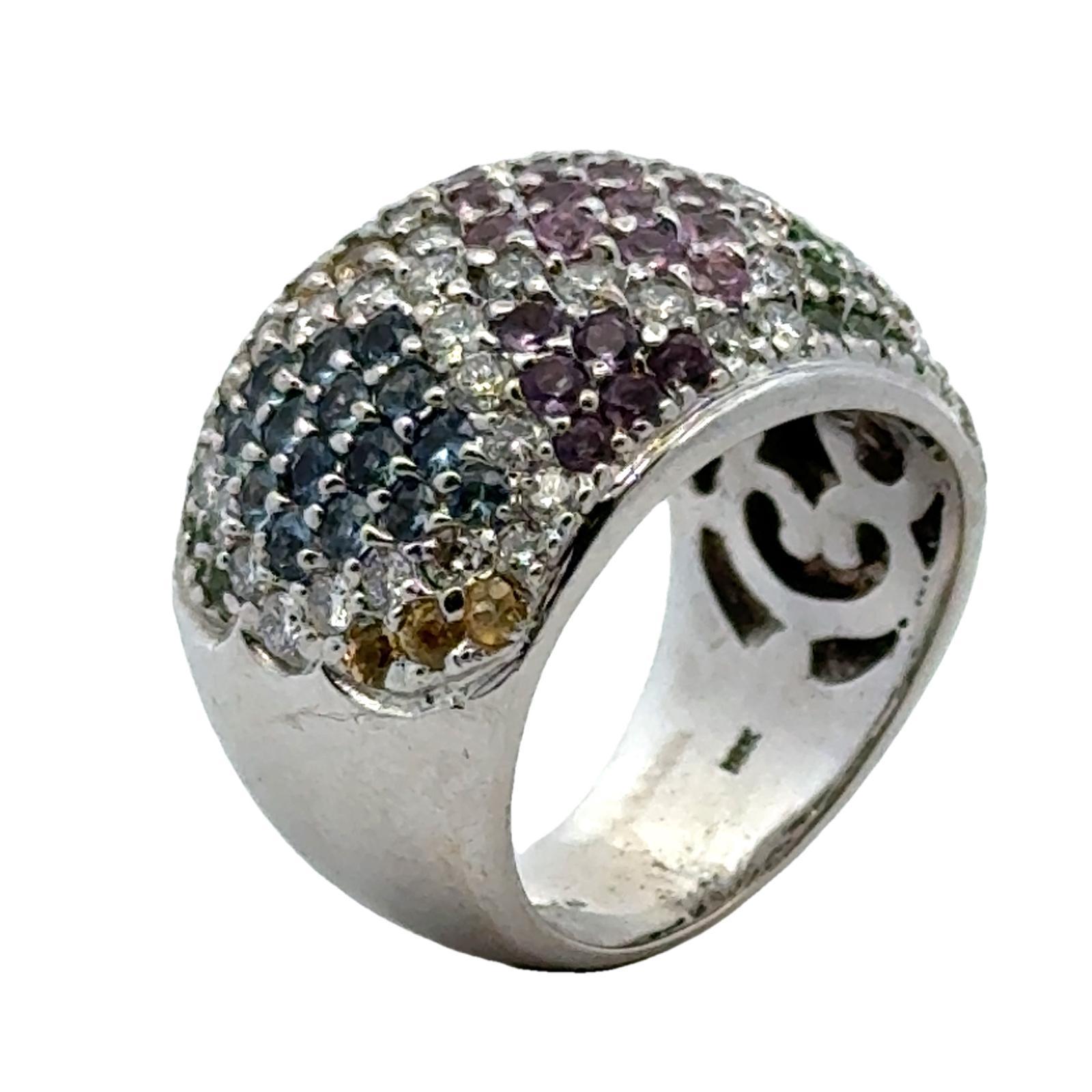 Modern Barry Kronen Diamond Colored Stone 18 Karat White Gold Band Ring
