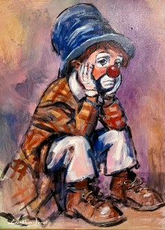 Pittura a olio su tela di Barry Leighton-Jones Scena di circo di un ragazzo clown triste inglese