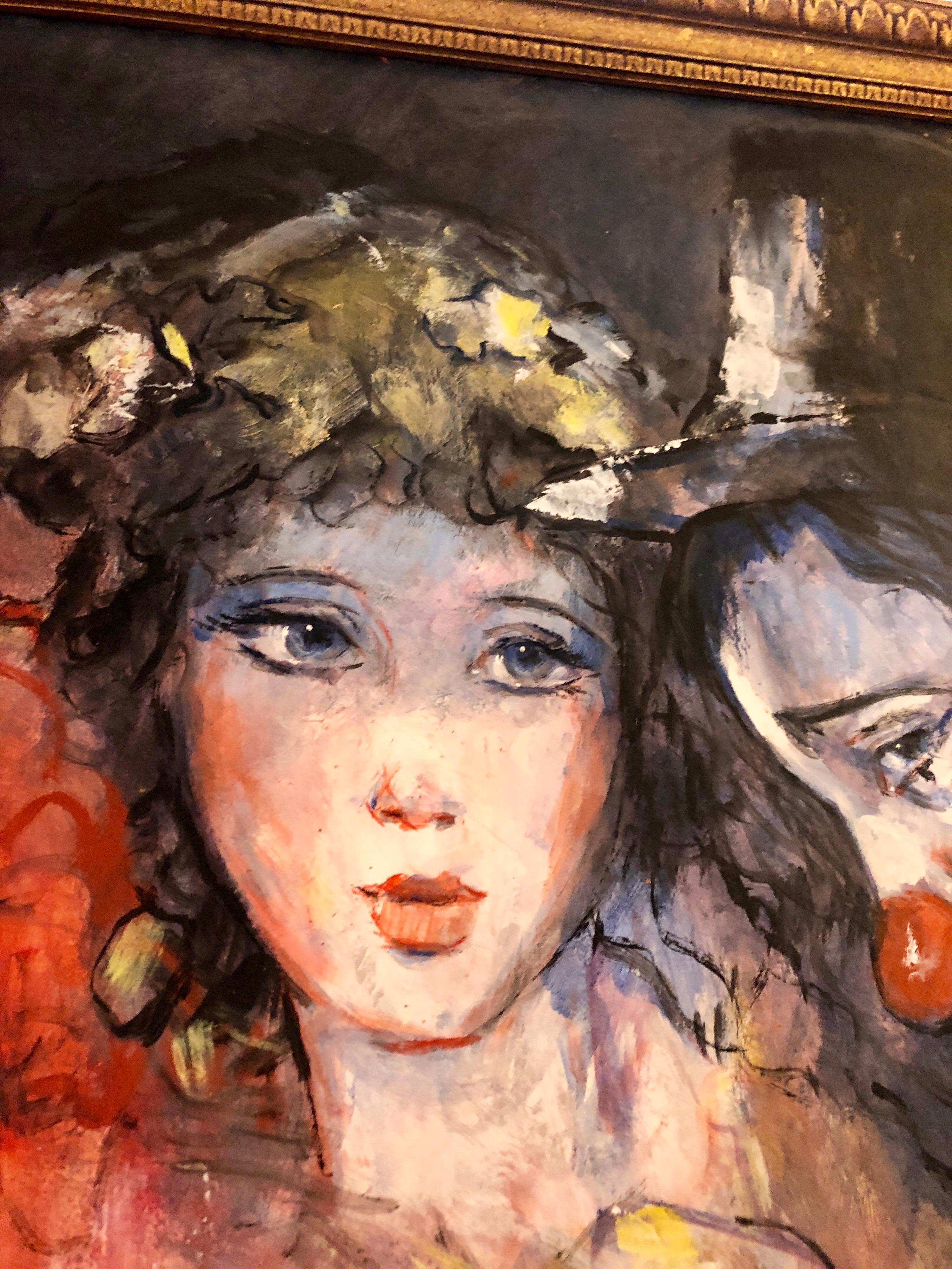 Large Vibrant Clown with Maidens Expressionist Oil Painting Barry Leighton Jones - Brown Portrait Painting by Barry Leighton-Jones