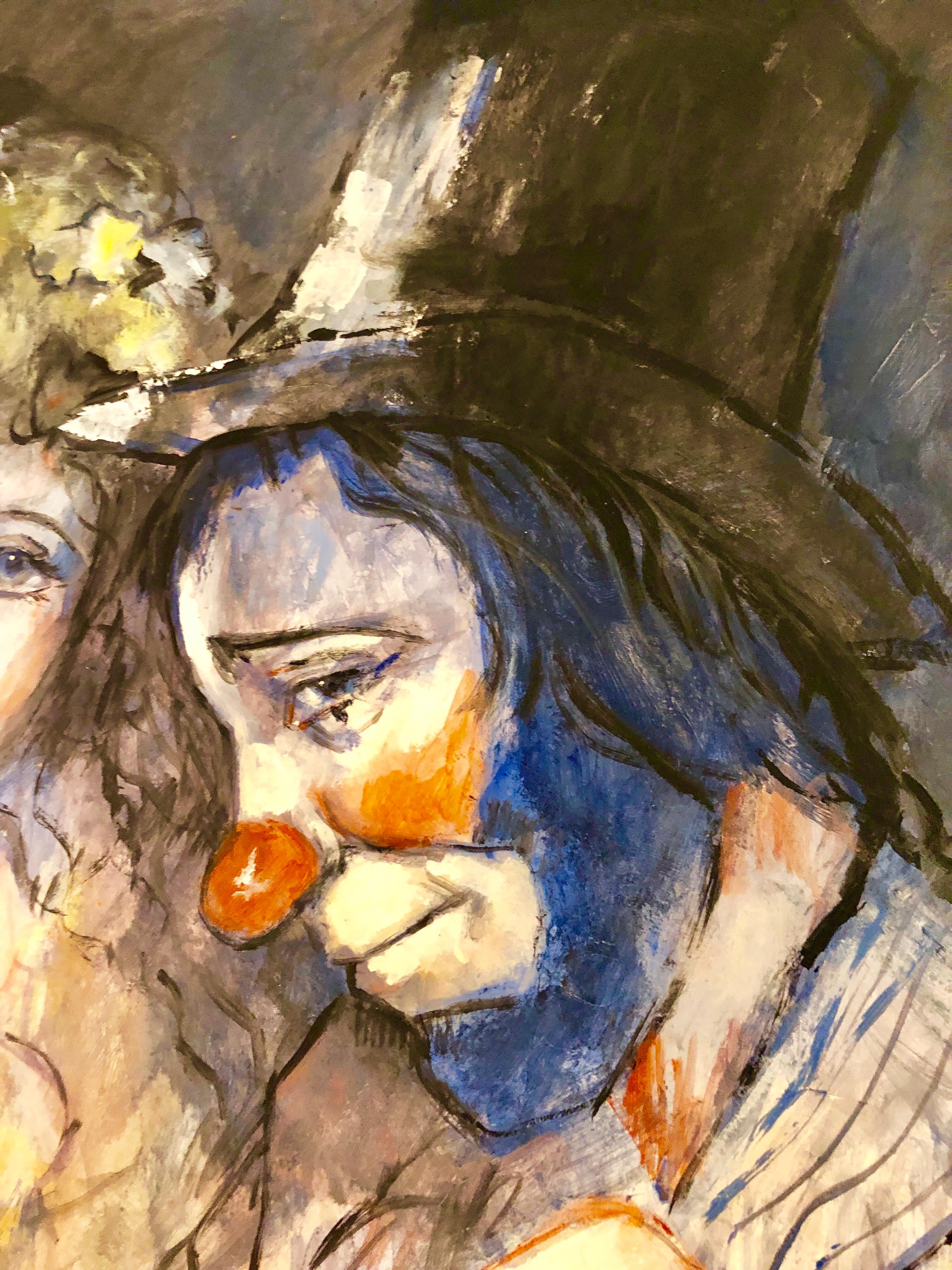 This is a bold colorful piece with red, yellow, gold and purple colors. Big eyed girls and clown.

Barry Leighton-Jones was born in London, England in 1932 and is a direct descendant of the Victorian artist and President of the Royal Academy, Lord