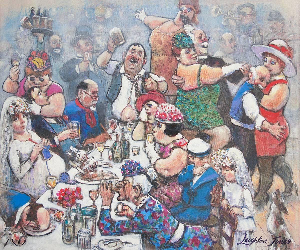 Fat Lady Sings Peinture giclée imprimée sur toile Scène de bar dans une taverne agitée - Print de Barry Leighton-Jones