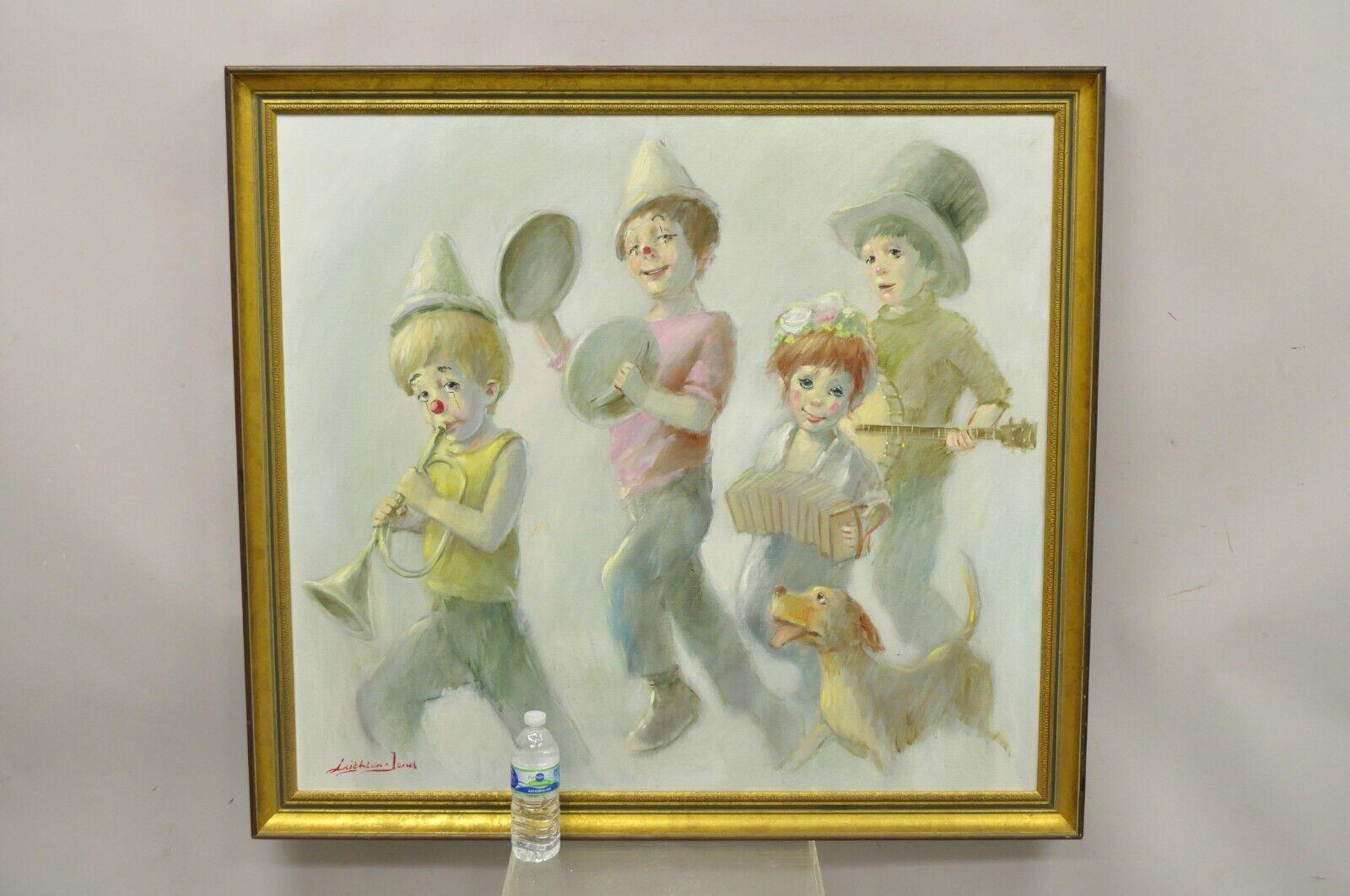 Barry Leighton Jones Grande peinture à l'huile sur toile Enfants, parade de clowns et chien, 