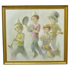 Retro Barry Leighton Jones Large Oil on Canvas Painting Children Clown "The Minstrels"
