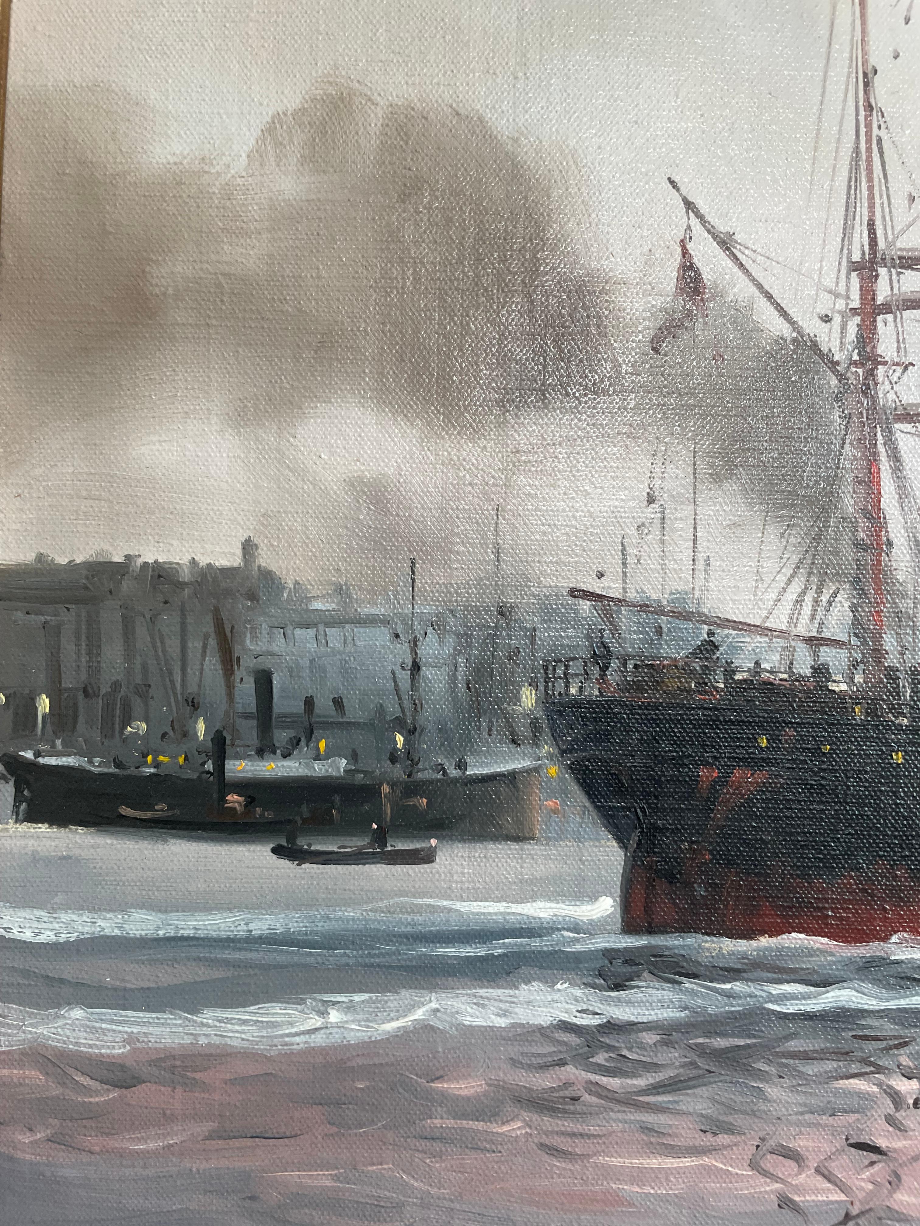 Painted Barry Mason (English), Busy Shipping, Oil On Board, Circa 1980 For Sale