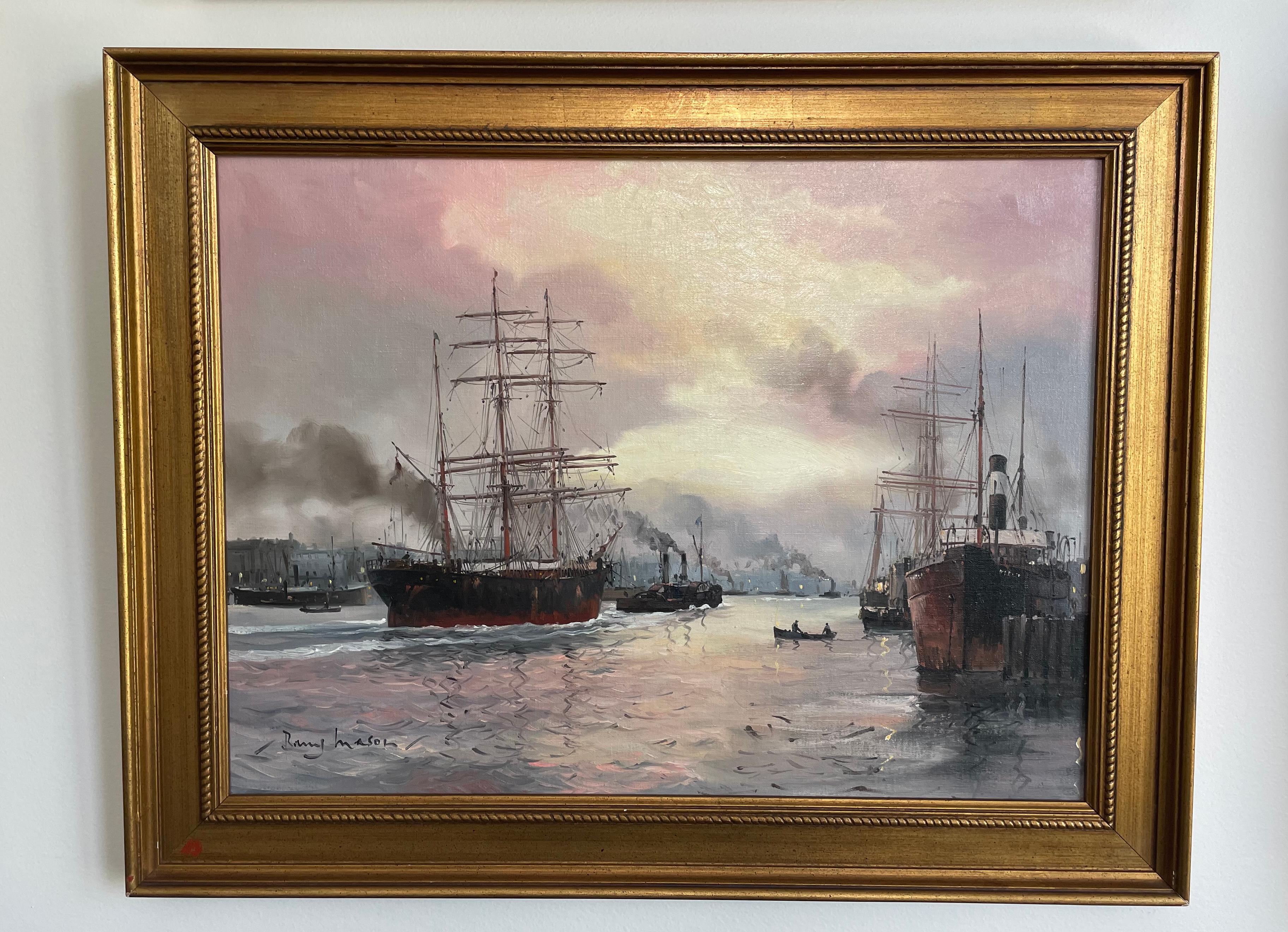 20th Century Barry Mason (English), Busy Shipping, Oil On Board, Circa 1980 For Sale