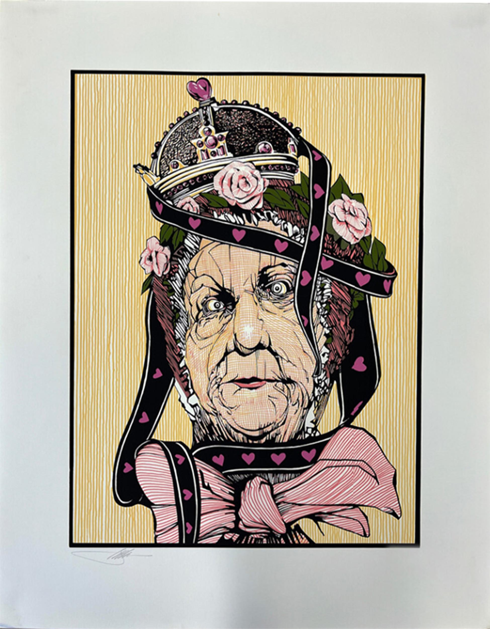 Illustration d'une tête de vieille femme enveloppée de manière désordonnée dans des rubans en forme de cœur et nouée au niveau du cou par un gros nœud rose. Sur sa tête trône une couronne traditionnelle ainsi qu'une couronne de roses roses pâles.