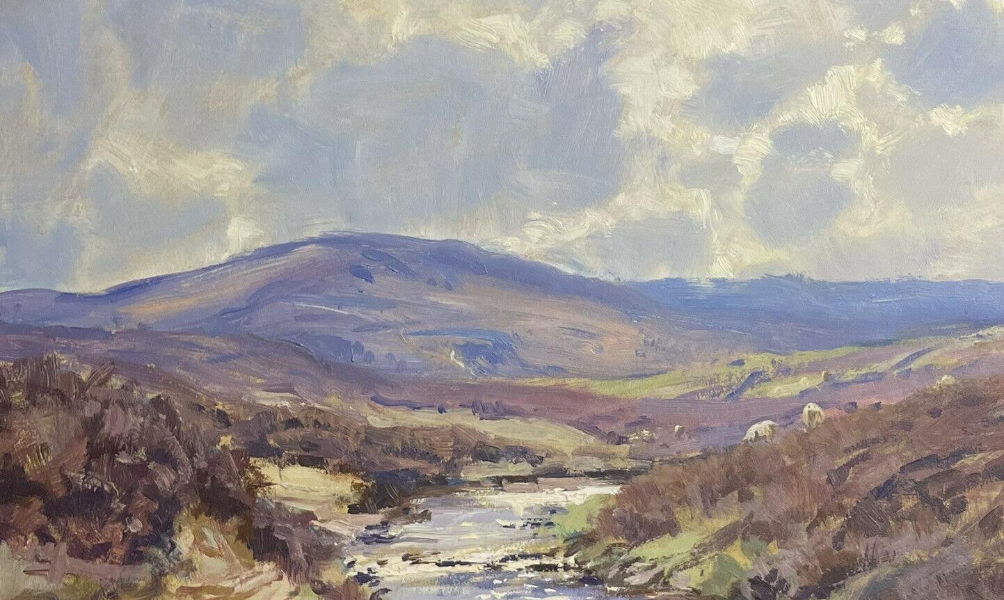 Scottish Highland Sunny Landscape River Landscape Signed Oil Painting - Gray Landscape Painting by Barry Peckham