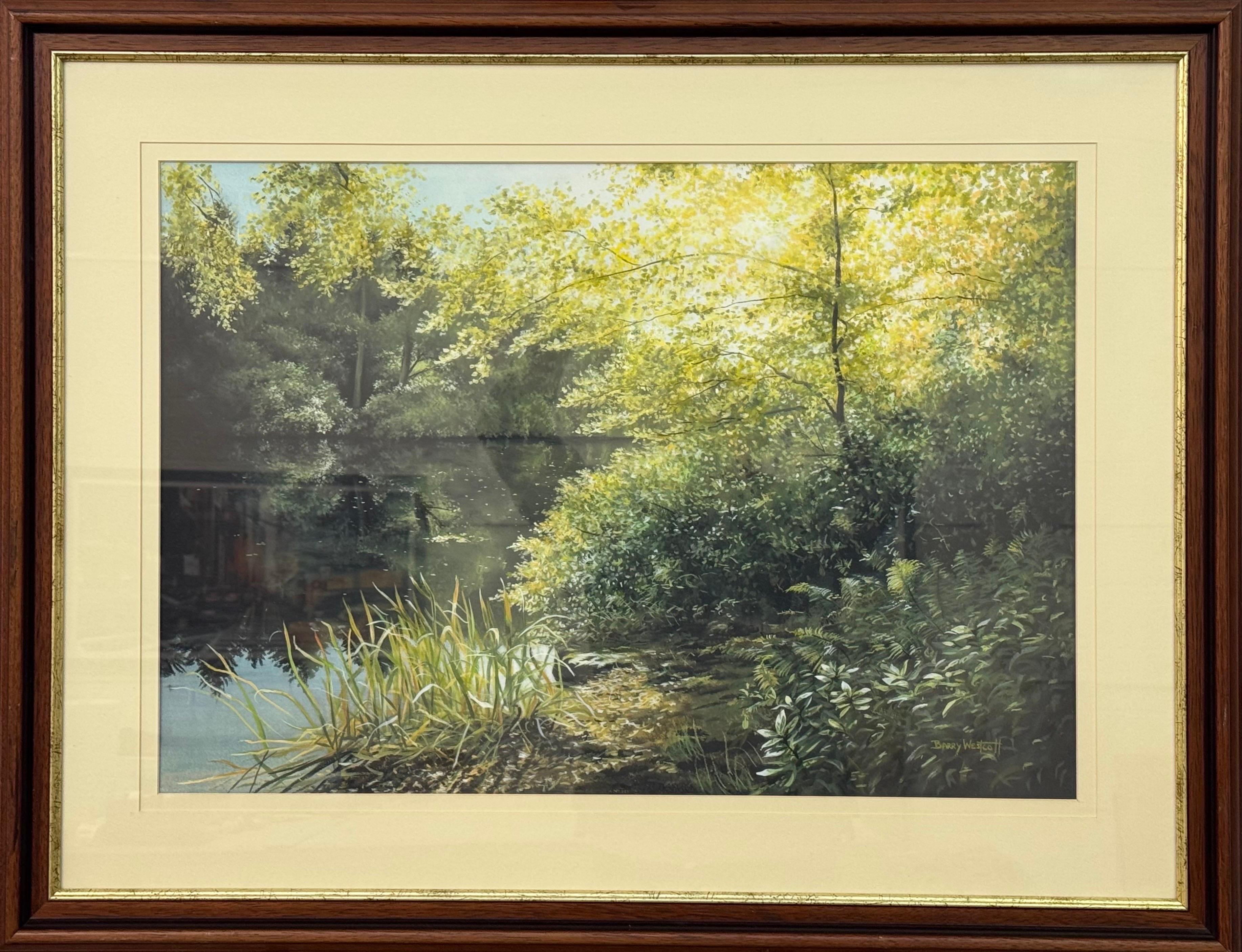 Landscape Painting de Barry Wescott - Tranquila escena fluvial en la campiña inglesa por un artista británico del siglo XX