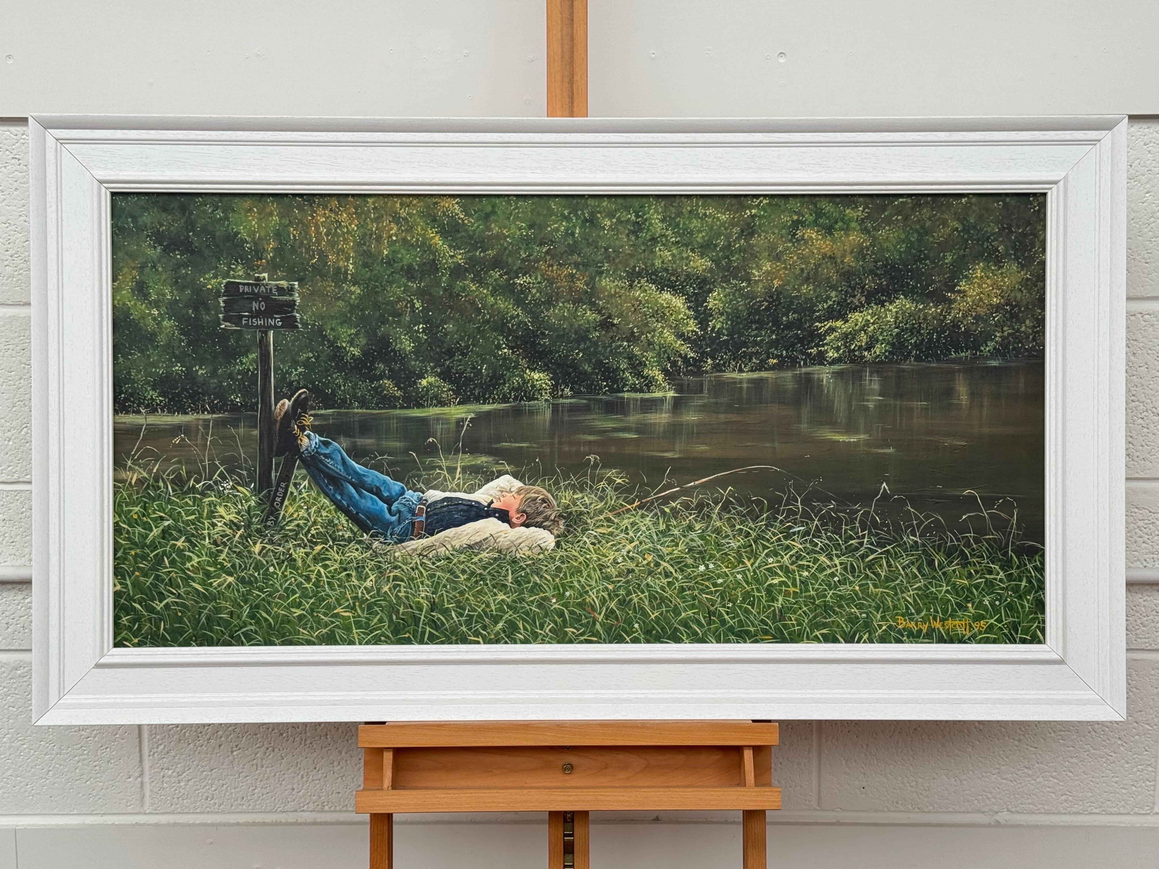 Junger Junge beim Angeln an einem schönen Fluss in üppiger grüner englischer Landschaft (Realismus), Painting, von Barry Westcott