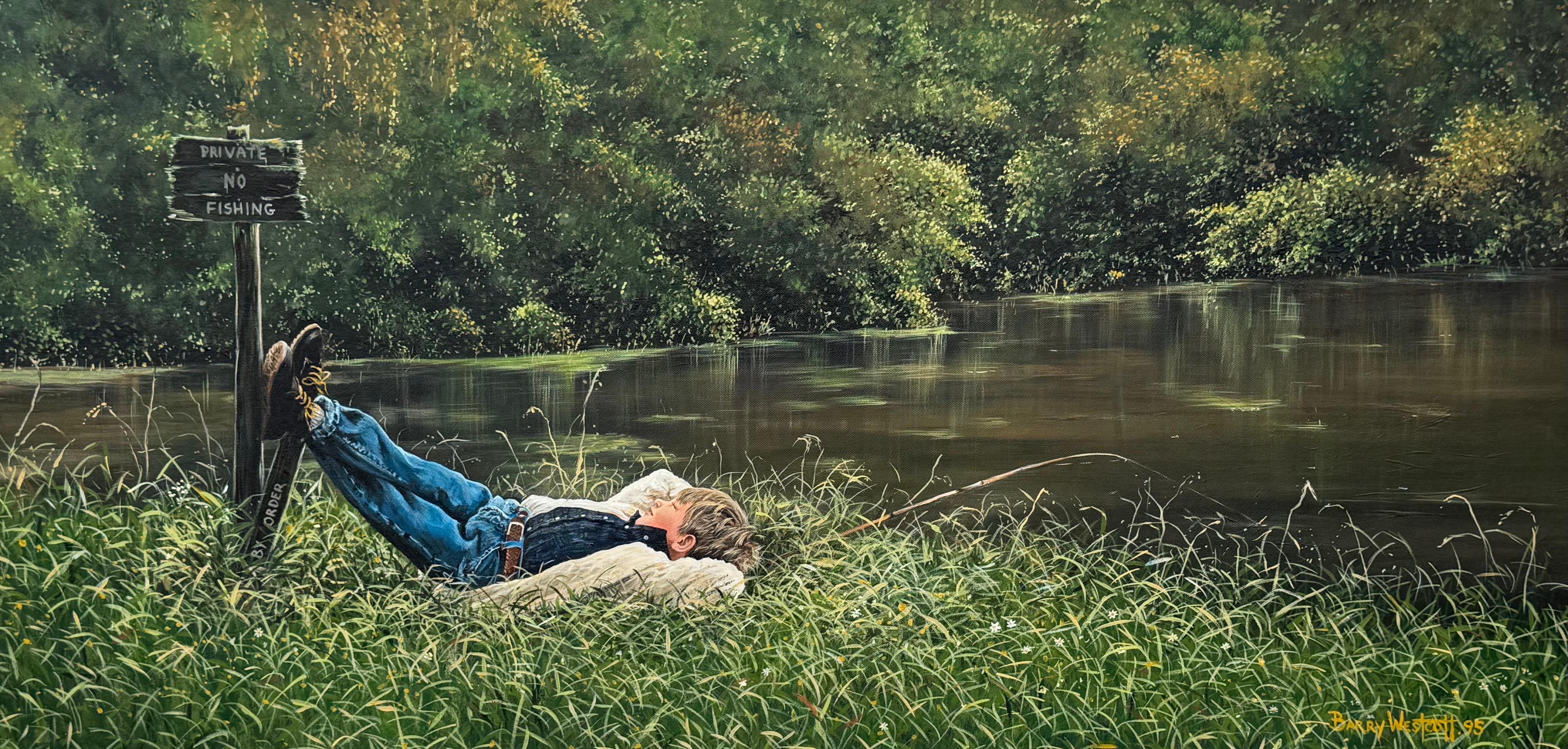 Junger Junge beim Angeln an einem schönen Flussufer in üppiger grüner englischer Landschaft, von einem britischen Künstler des 20.

Kunst misst 41 x 20 Zoll
Rahmen misst 48,25 x 27 Zoll

Barry Westcott (Brite, 20. Jahrhundert)
