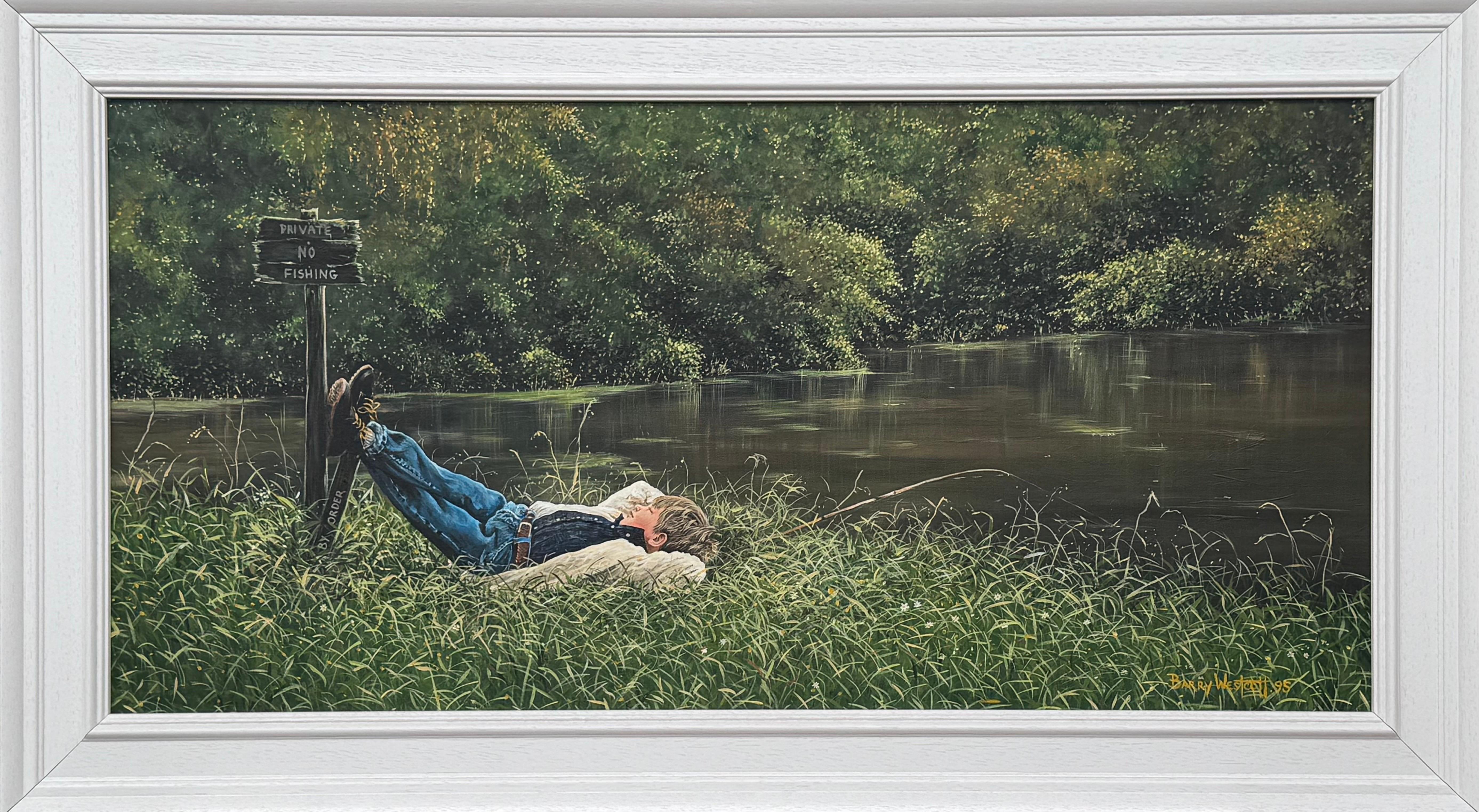 Young Boy Fishing by a Beautiful Riverside in Lush Green English Countryside