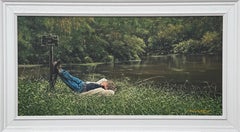 Young Boy Fishing by a Beautiful Riverside in Lush Green English Countryside