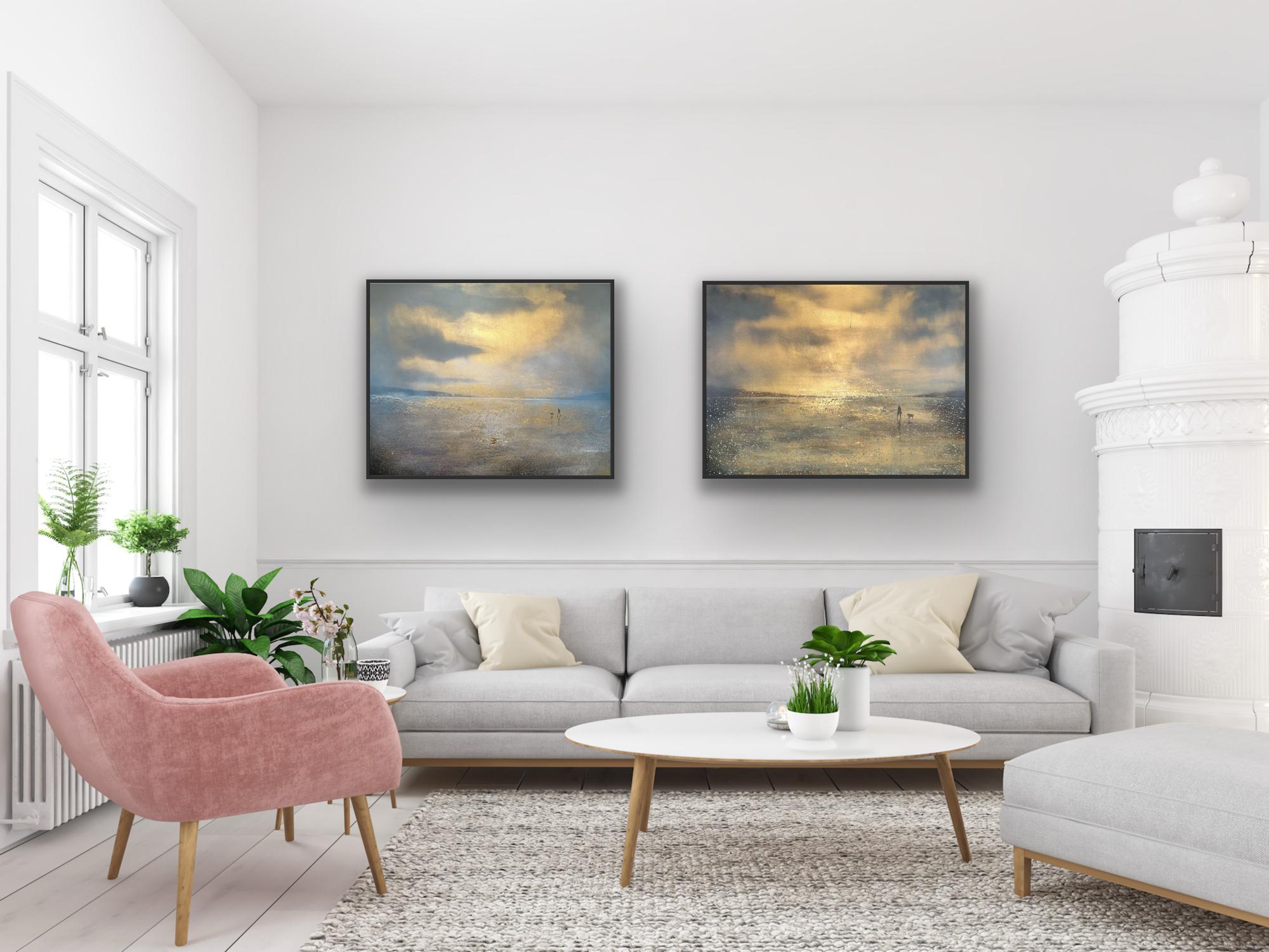 Golden Reflection 
Dawn Walk, diptych, original painting, landscape