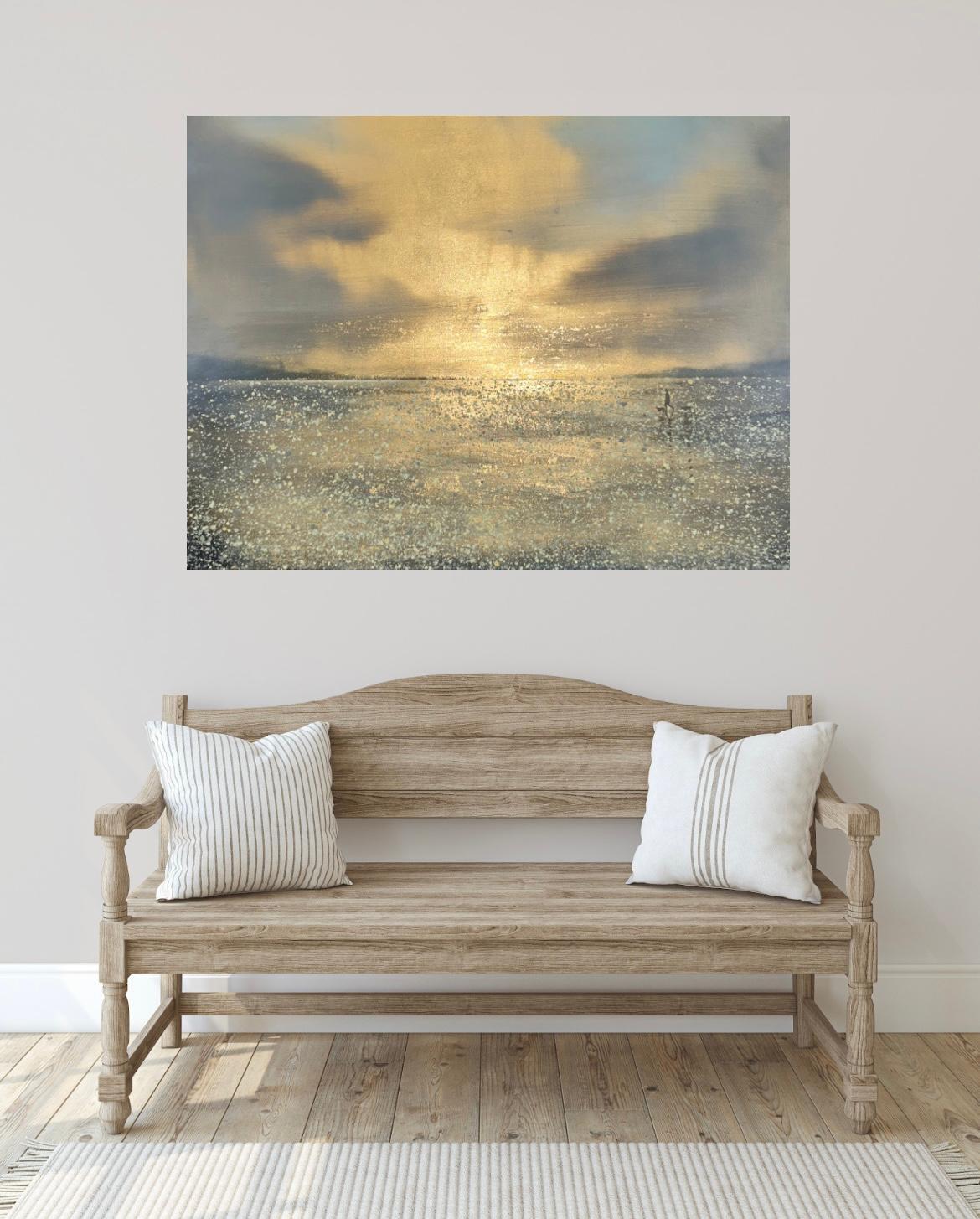 Low tide Reflection was created following a period of contemplation, time spent alone. The mirroring of light connecting the sky to the sands is highlighted by the rich texture of the gold leaf. The dawn sun flaunts colours and patterns on the sands