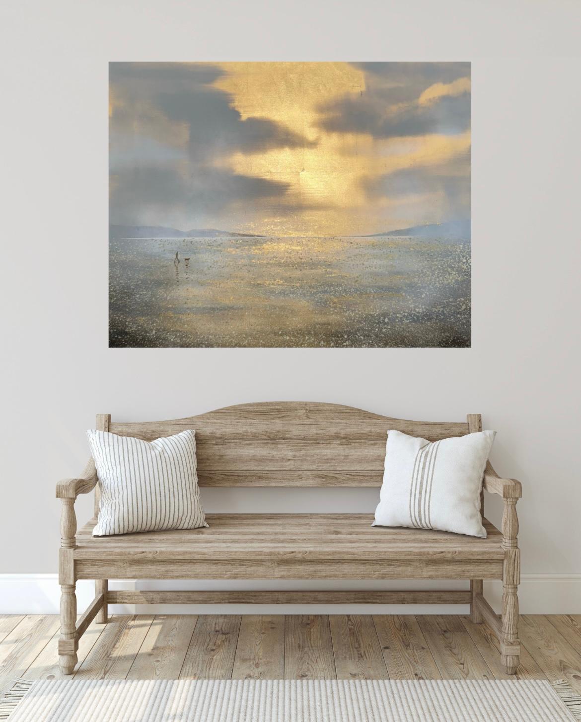 Rhythm of the captures the magnificent skies at dawn. Clouds caught in a moment of time. The Dorset coast, with expansive sands at low tide. The dramatic use of gold leaf to highlight the warm glowing light and reflections cast on the shore.