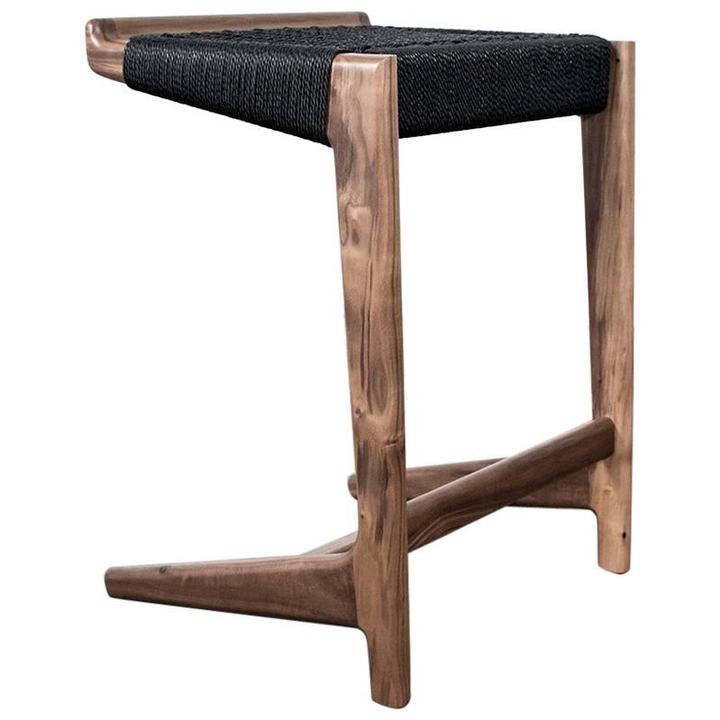 Barhocker, 31", freitragend, schwarze dänische Kordel, Nussbaum, Mitte des Jahrhunderts, halbwertig