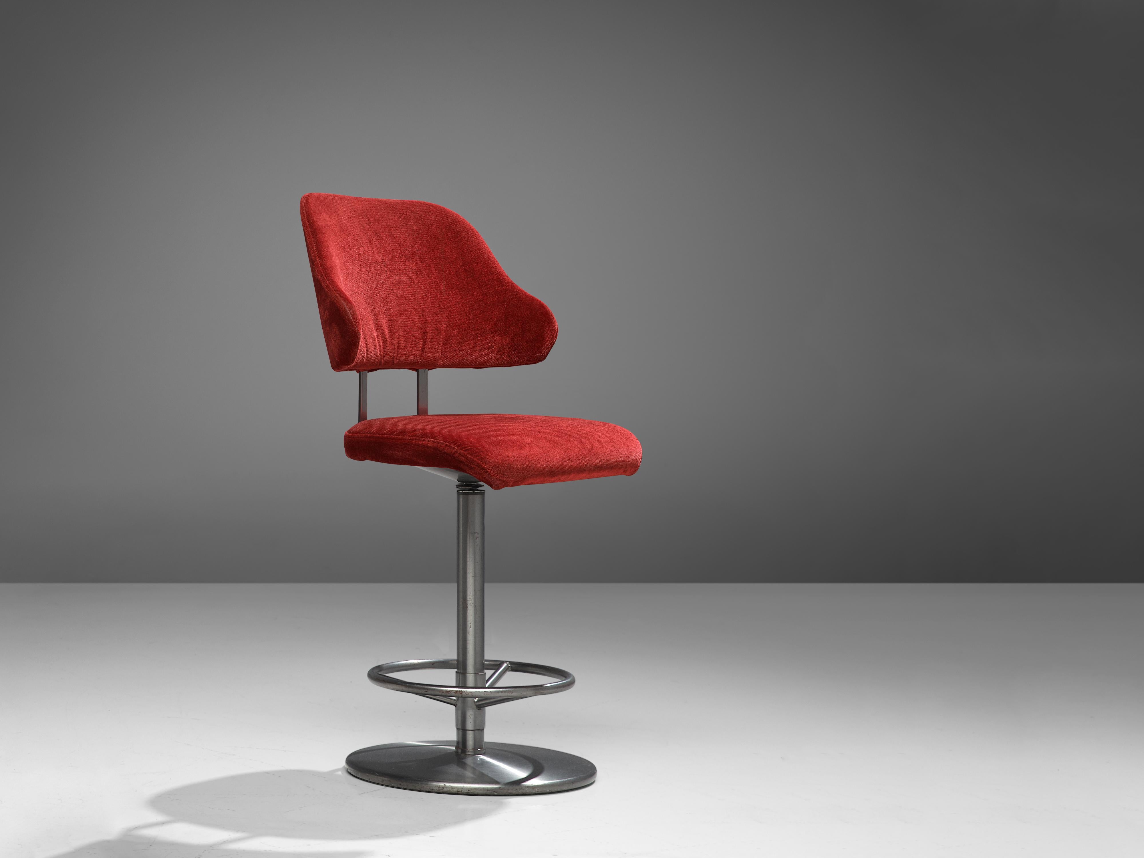 Mid-Century Modern Barstool in Red Velvet Upholstery For Sale