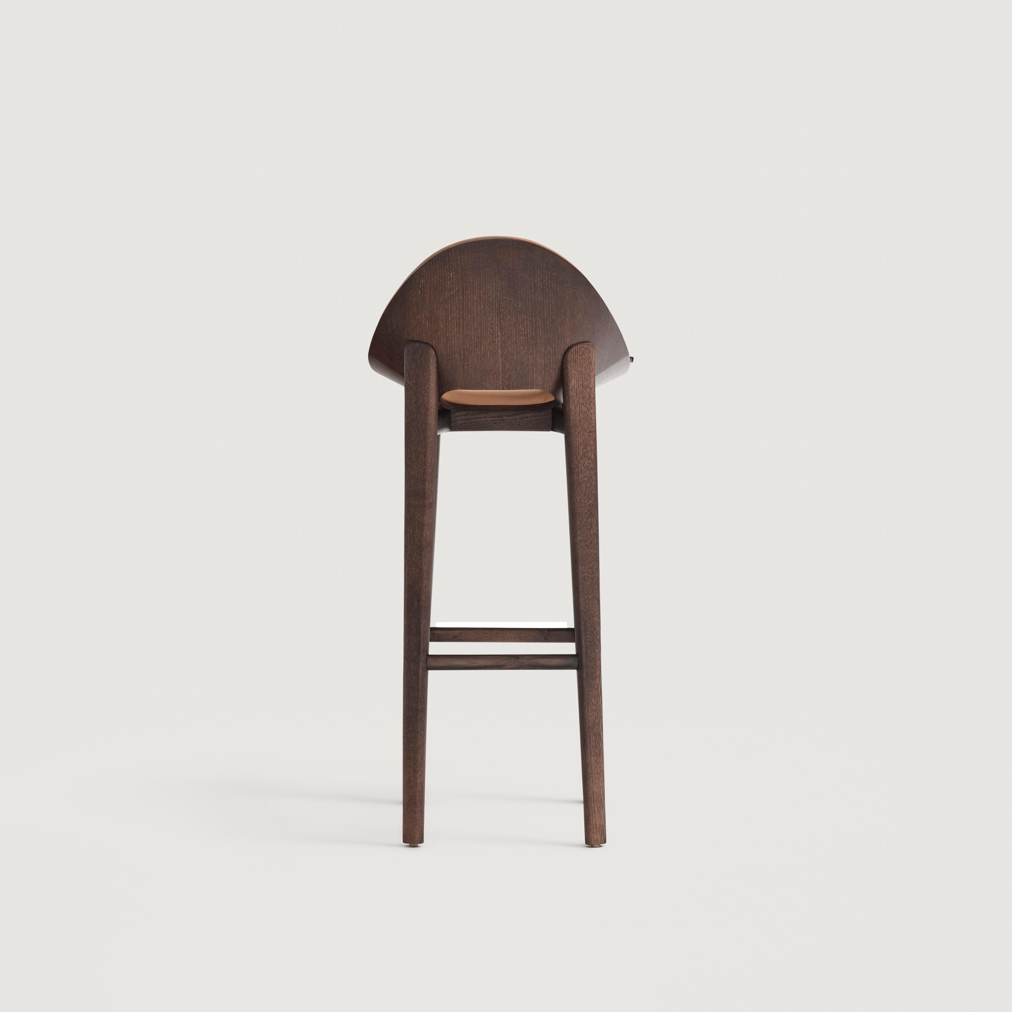 Modern Barstool In Solid Wood Structure, Upholstered Front Shell and Wooden Back For Sale