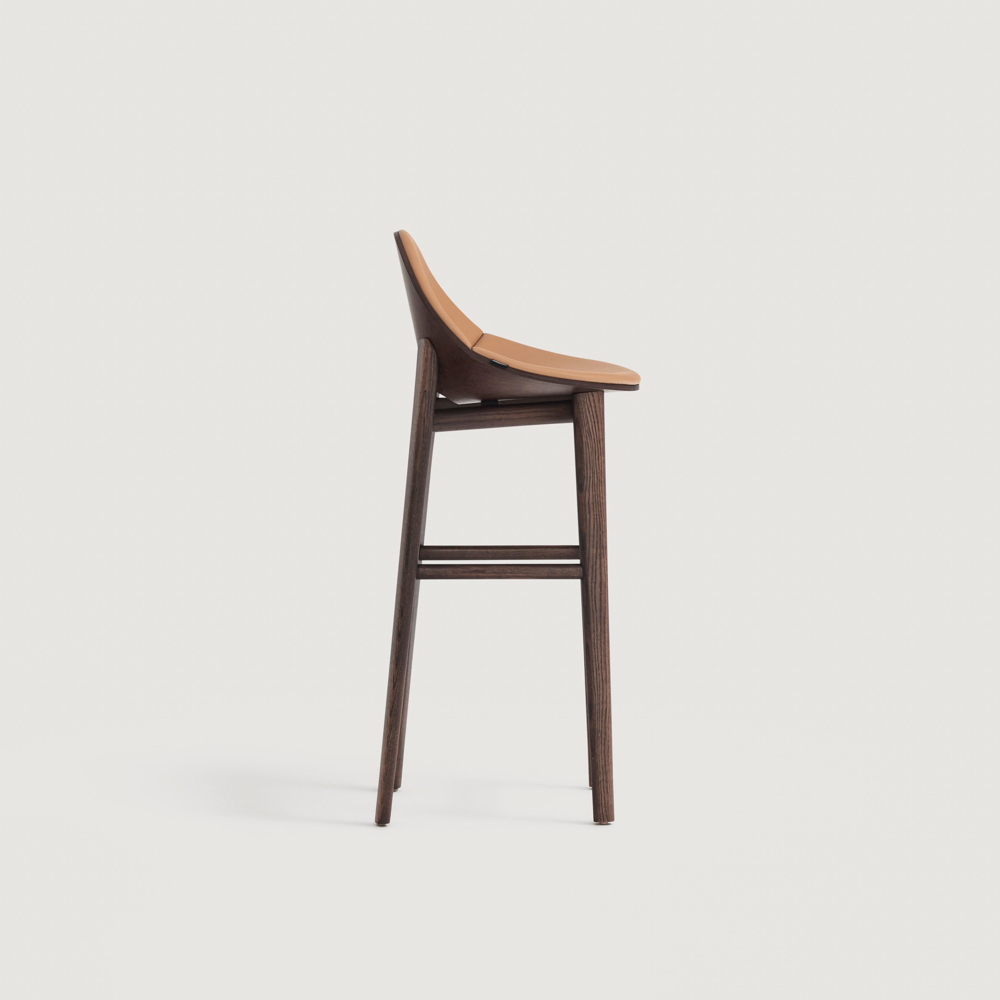 Spanish Barstool In Solid Wood Structure, Upholstered Front Shell and Wooden Back For Sale