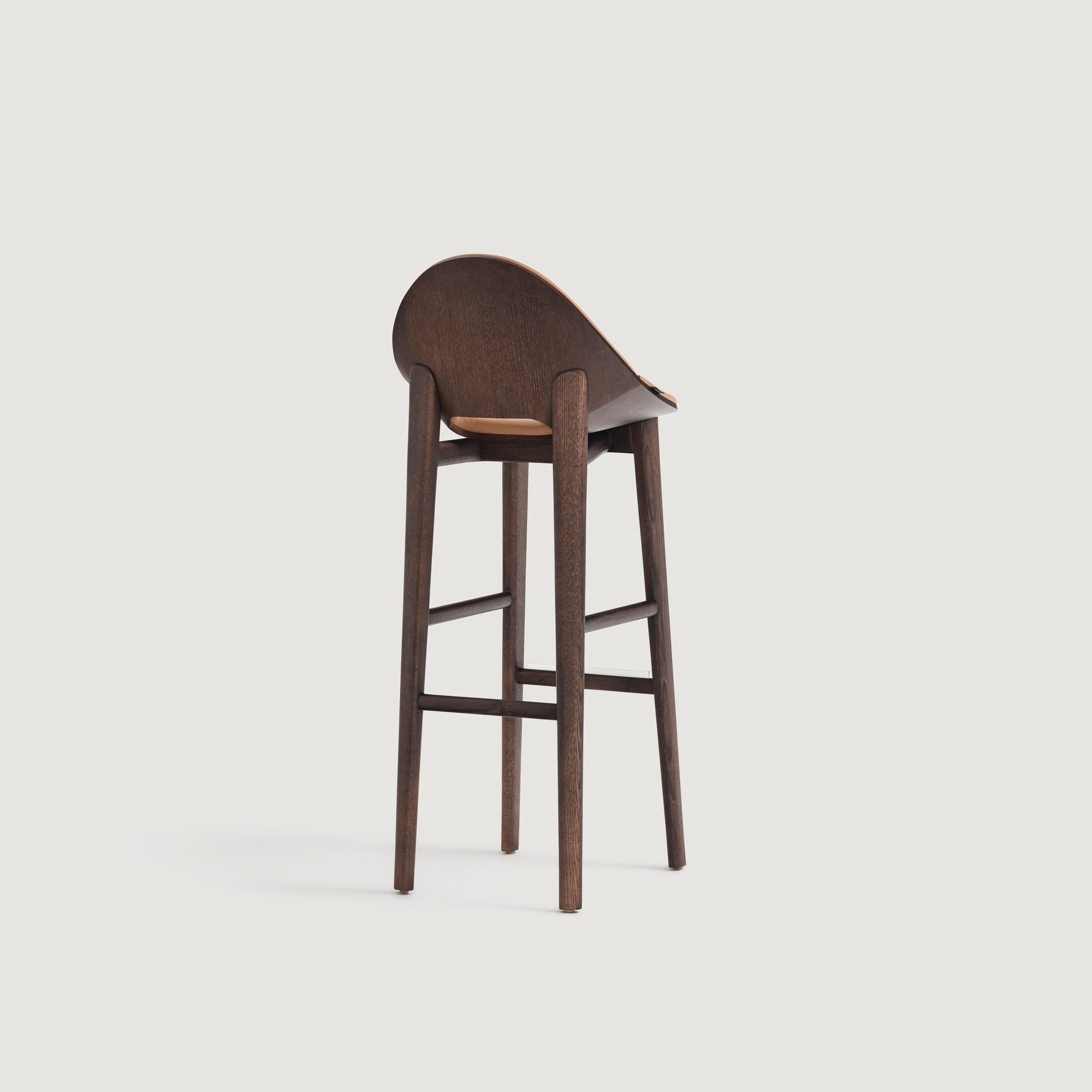 Hand-Crafted Barstool In Solid Wood Structure, Upholstered Front Shell and Wooden Back For Sale