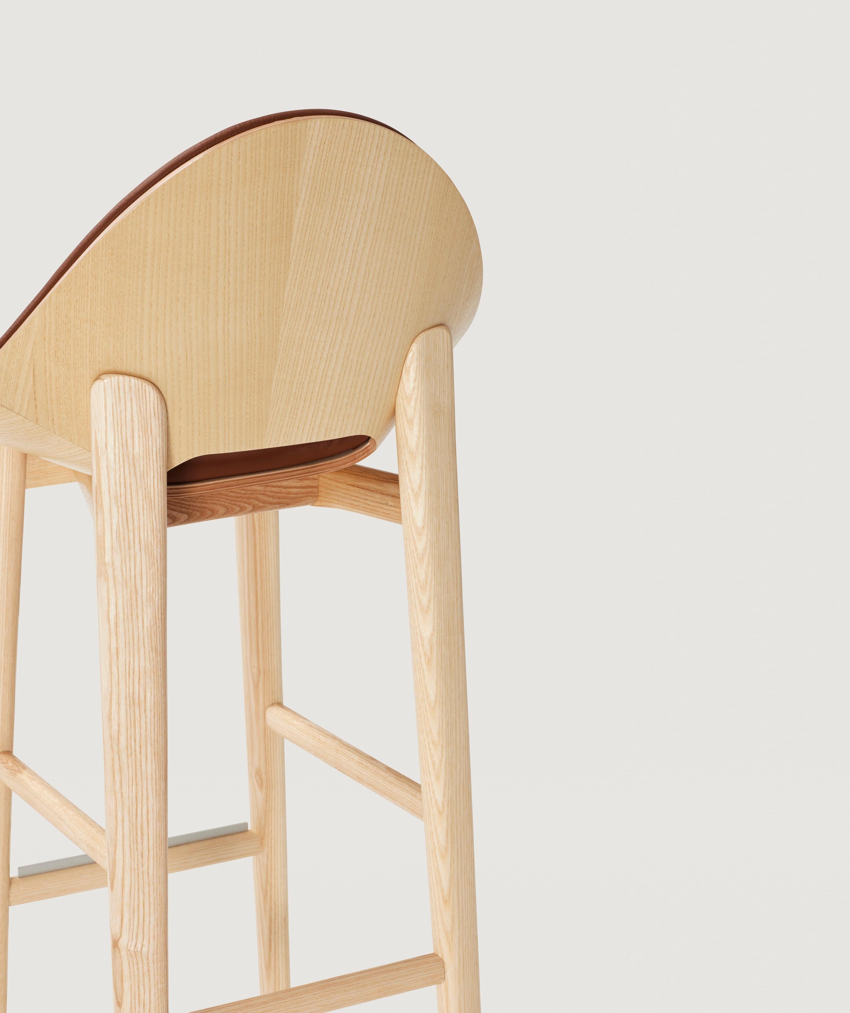 Barstool In Solid Wood Structure, Upholstered Front Shell and Wooden Back In New Condition For Sale In NEW YORK, NY